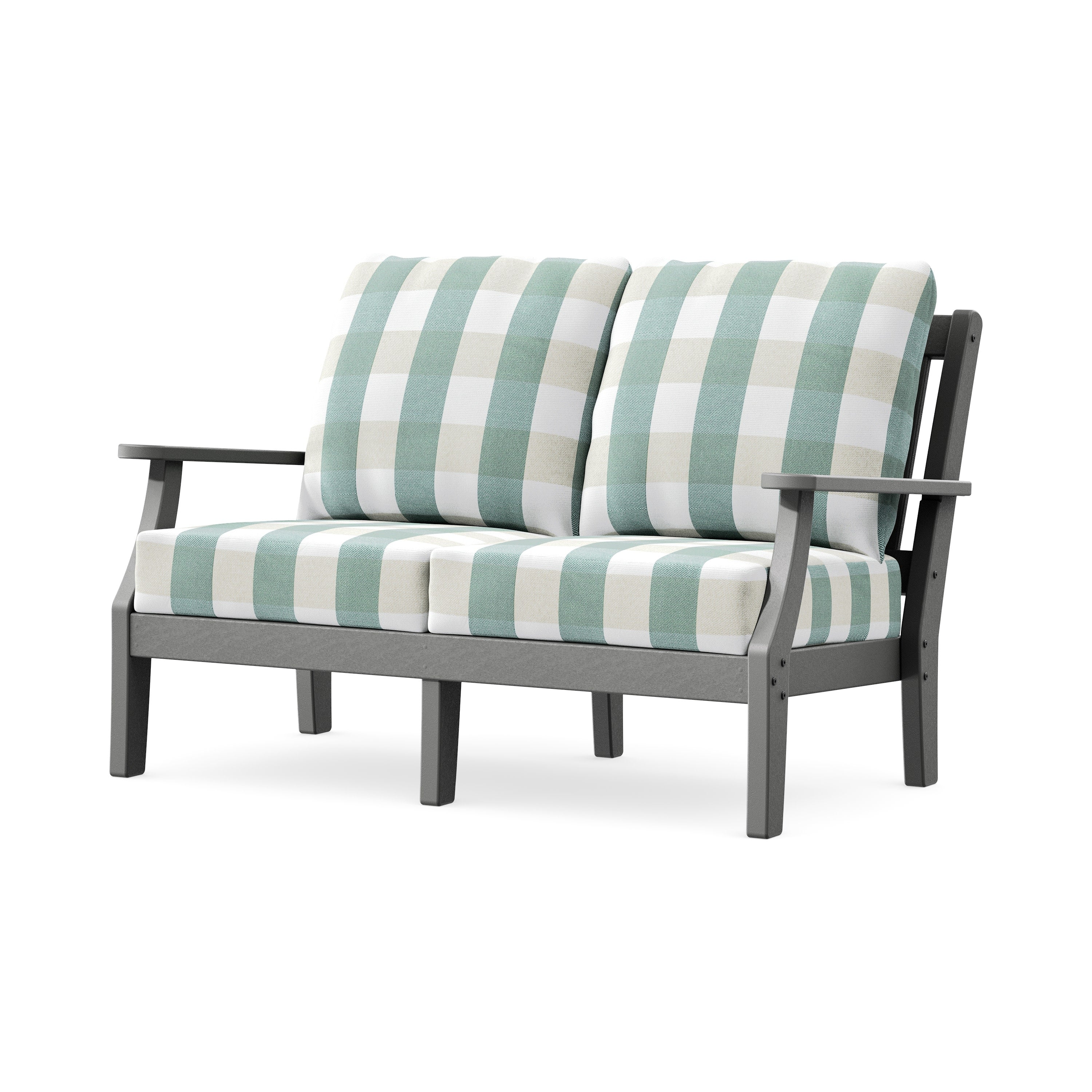 Chinoiserie Deep Seating Loveseat in Slate Grey / Buffalo Plaid Glacier Spa