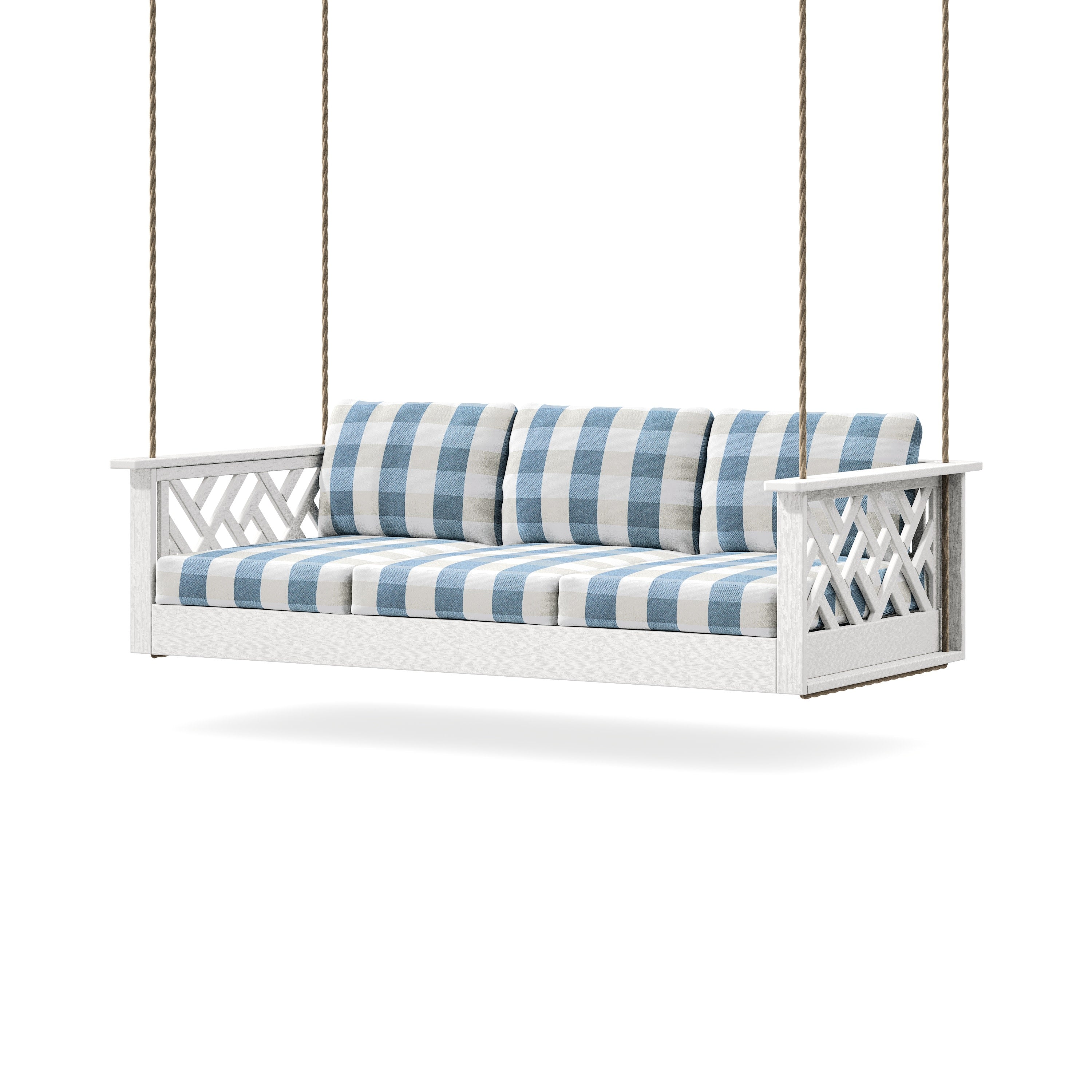 Chippendale Daybed Swing in Vintage White / Buffalo Plaid Sky Blue