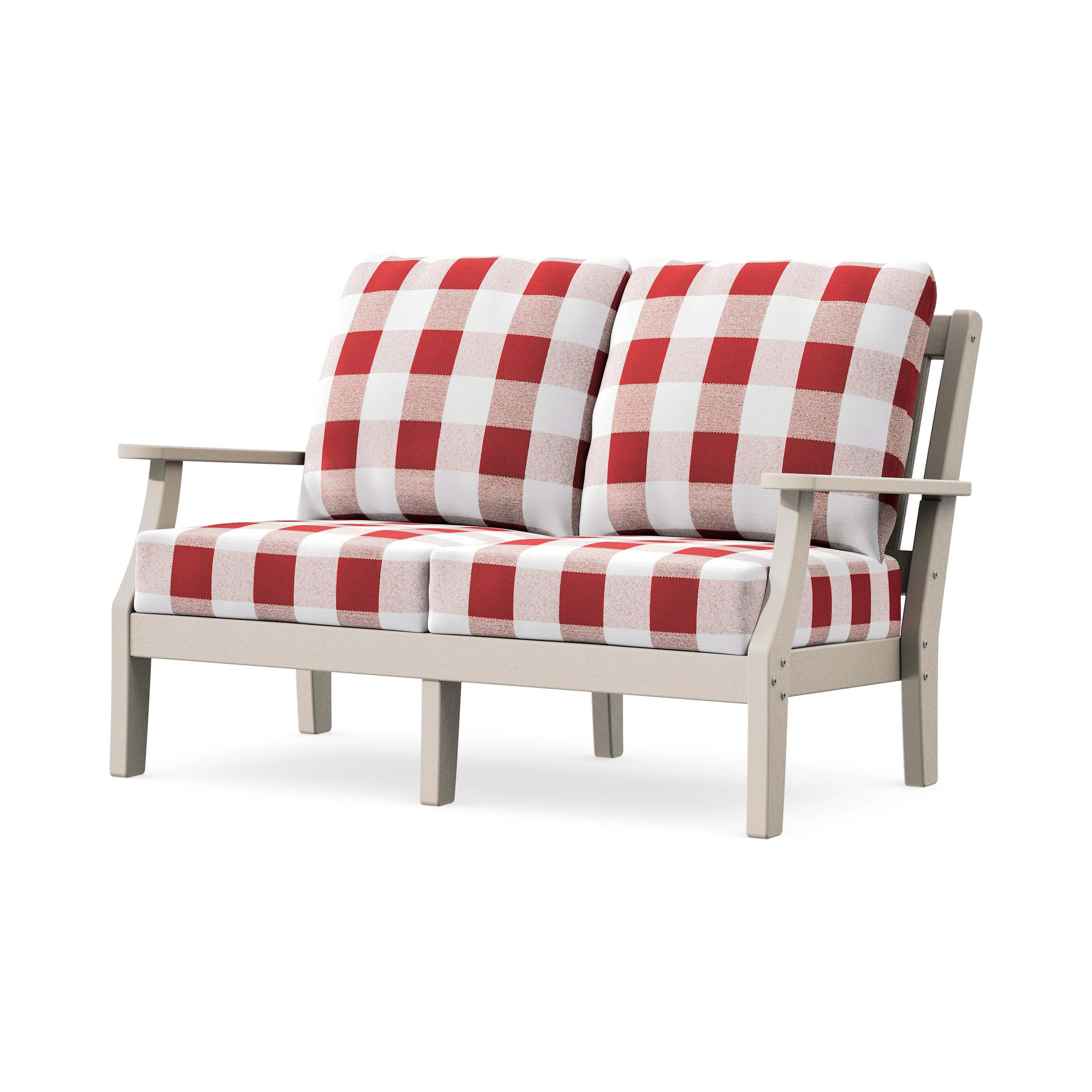 Chinoiserie Deep Seating Loveseat in Sand / Buffalo Plaid Crimson