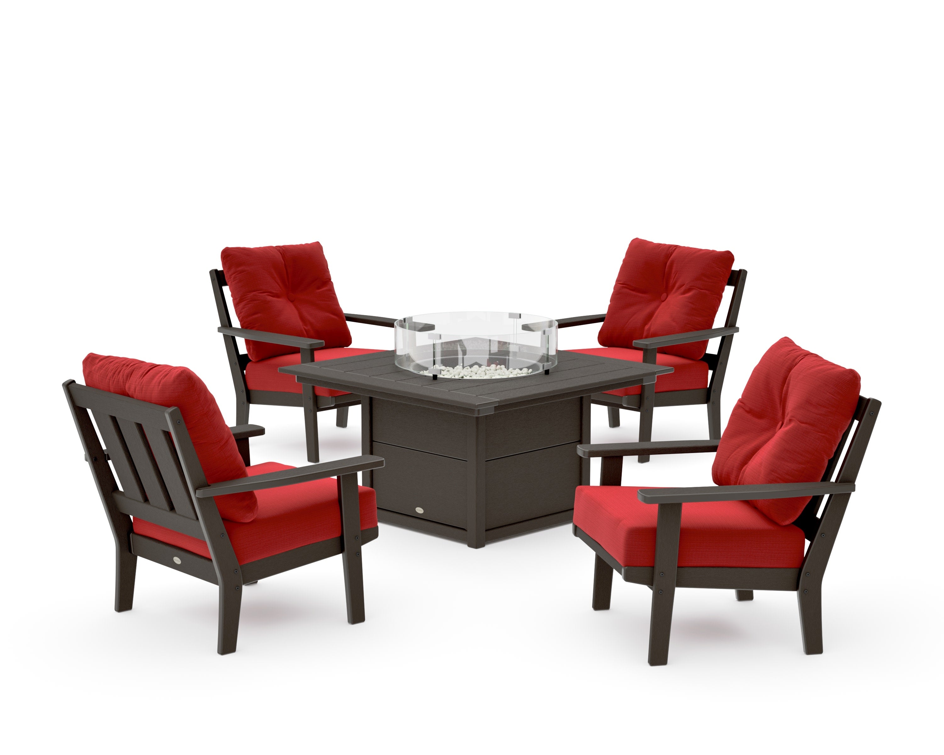 Oxford 5-Piece Deep Seating Set with Fire Pit Table in Vintage Coffee / Crimson Linen