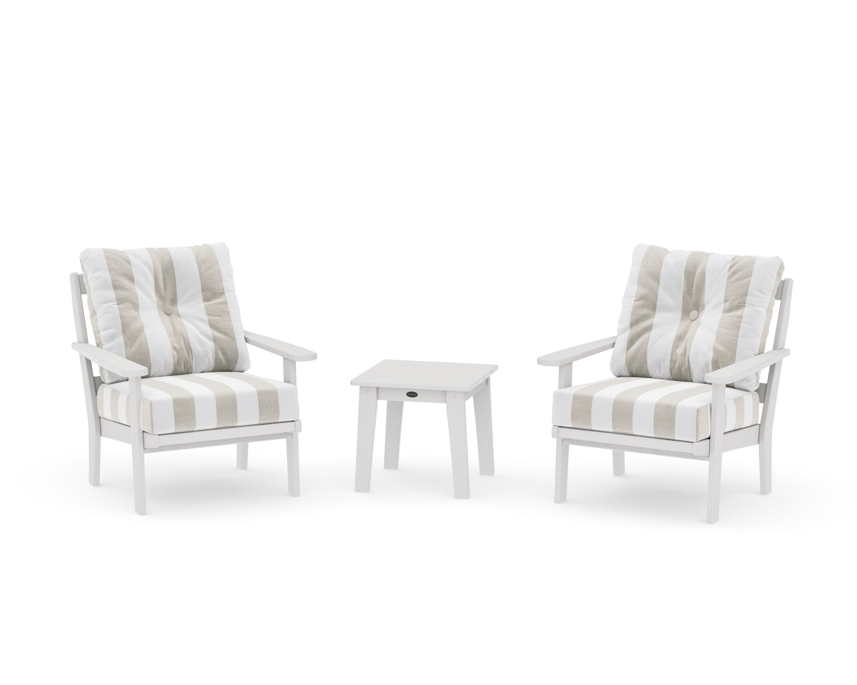 Mission 3-Piece Deep Seating Set in Vintage White / Cabana Stripe Dune Burlap