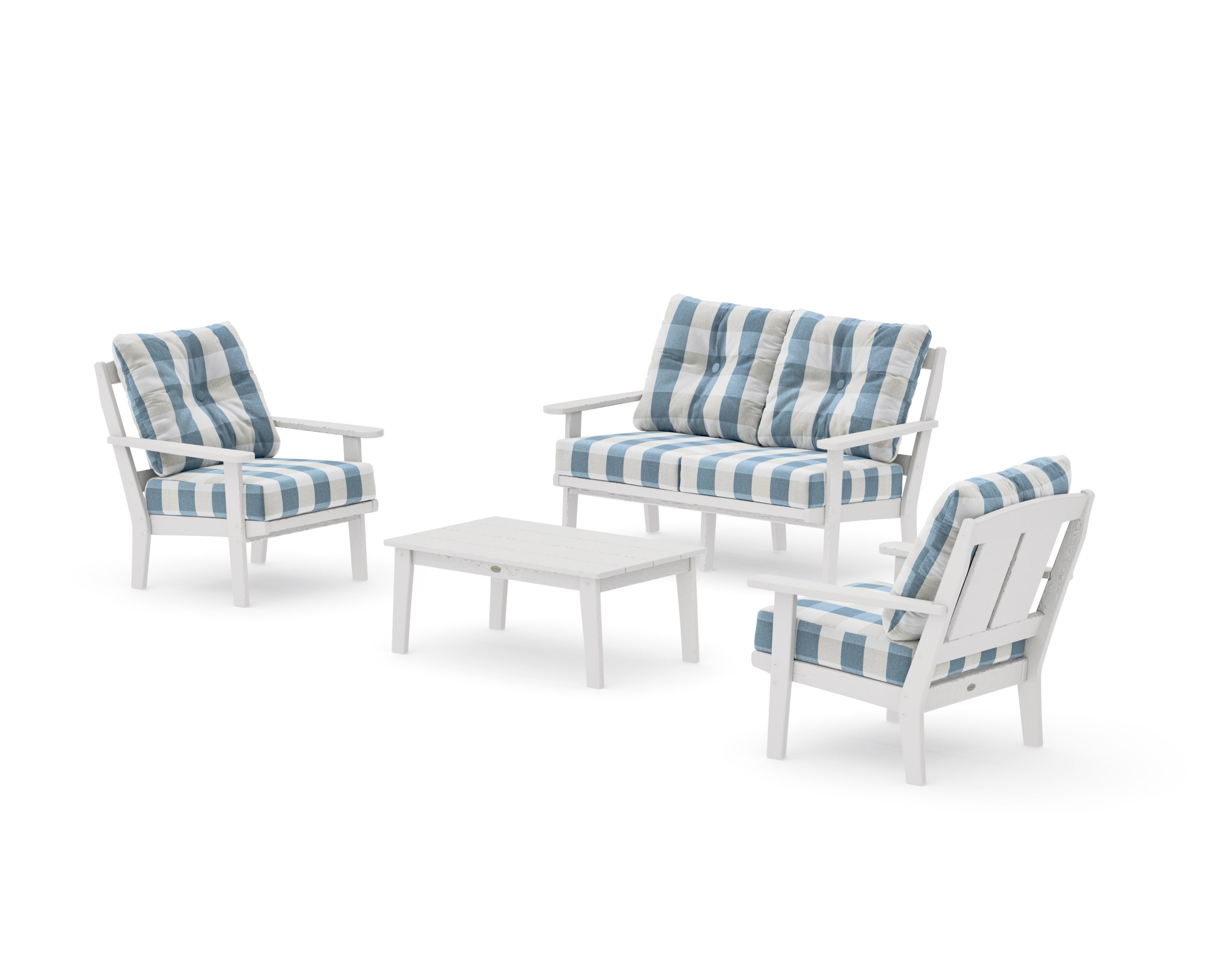 Mission 4-Piece Deep Seating Set with Loveseat in Vintage White / Buffalo Plaid Sky Blue