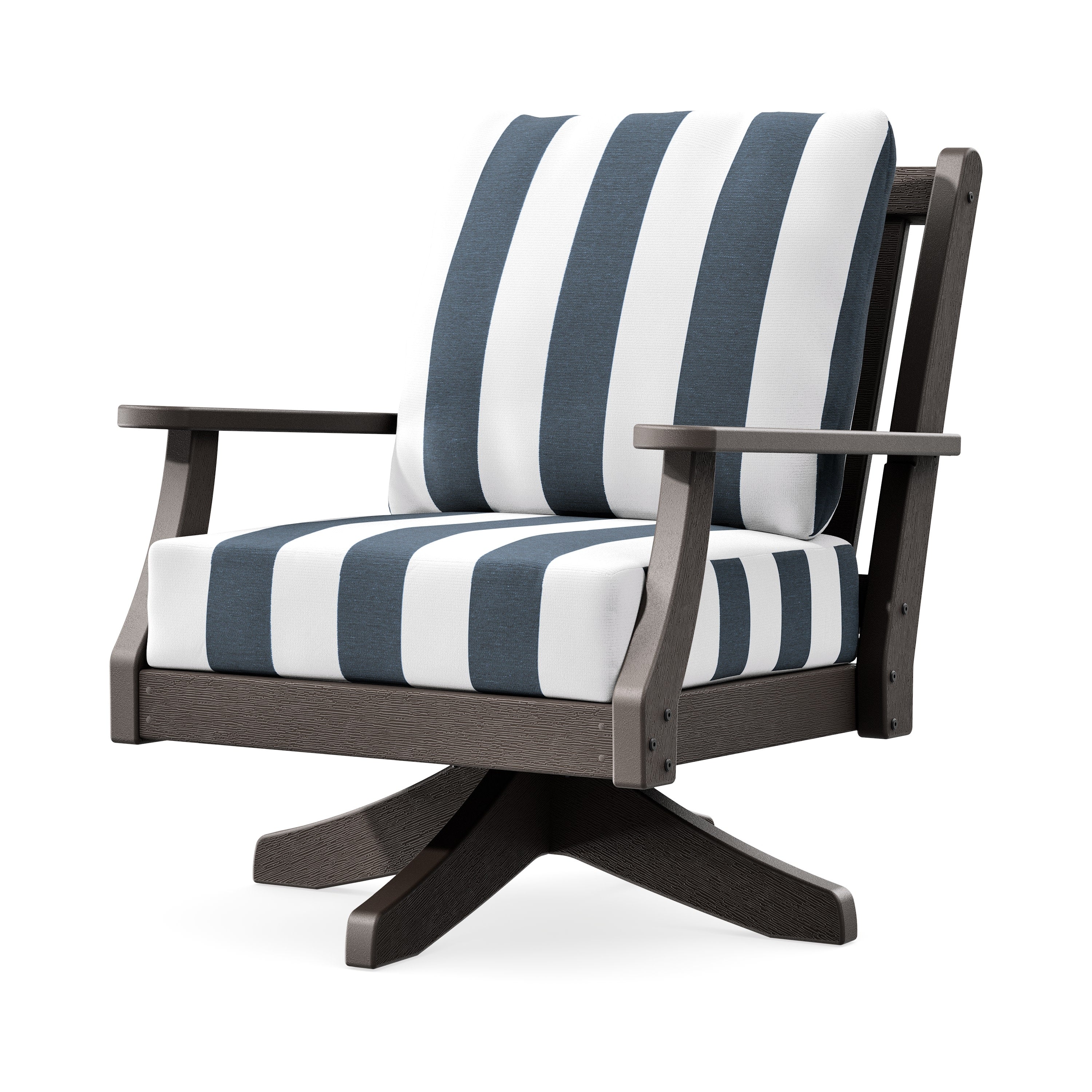 Wovendale Deep Seating Swivel Chair in Vintage Coffee / Cabana Stripe Marine Indigo