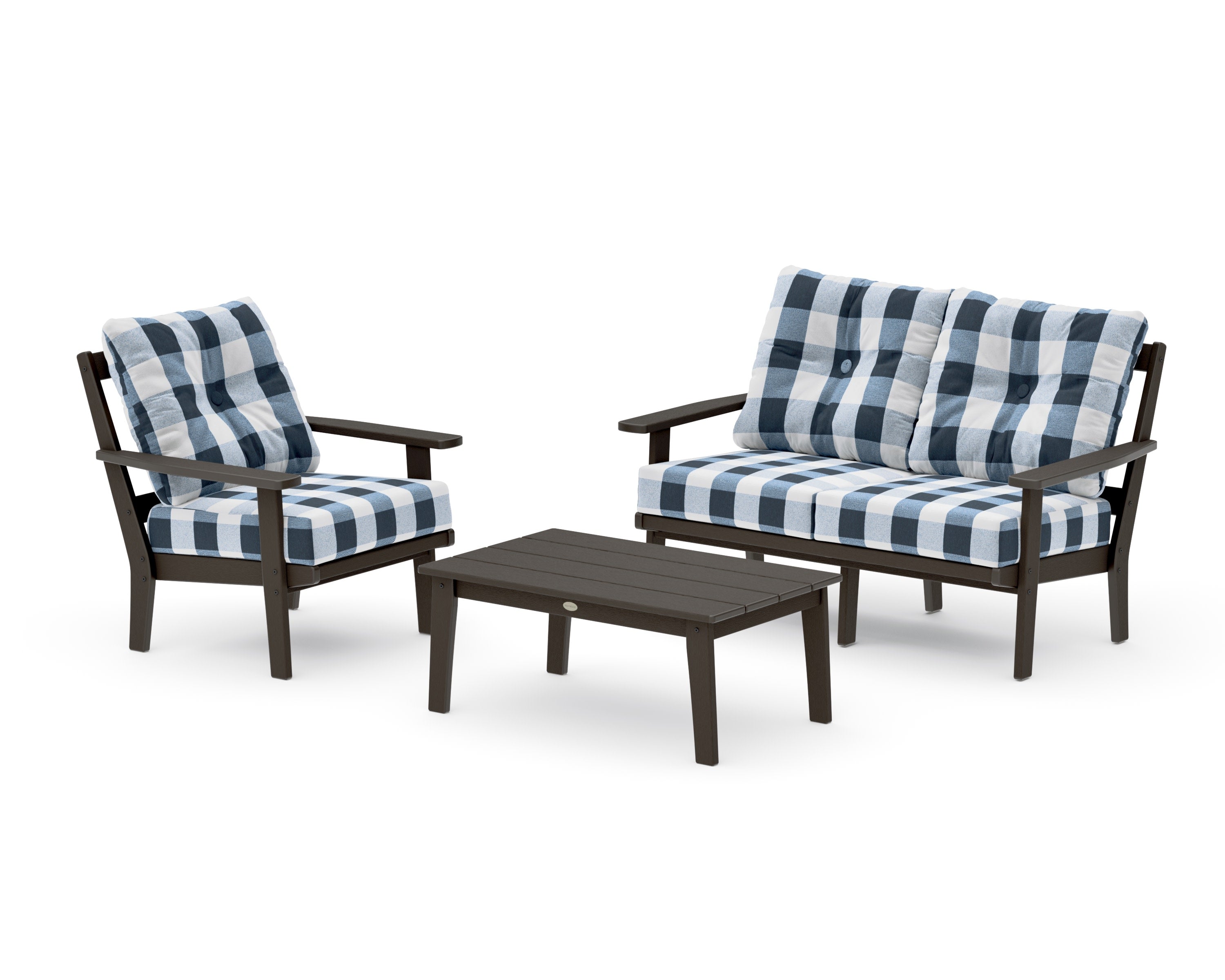 Prairie 3-Piece Deep Seating Set with Loveseat in Vintage Coffee / Buffalo Plaid Marine Indigo