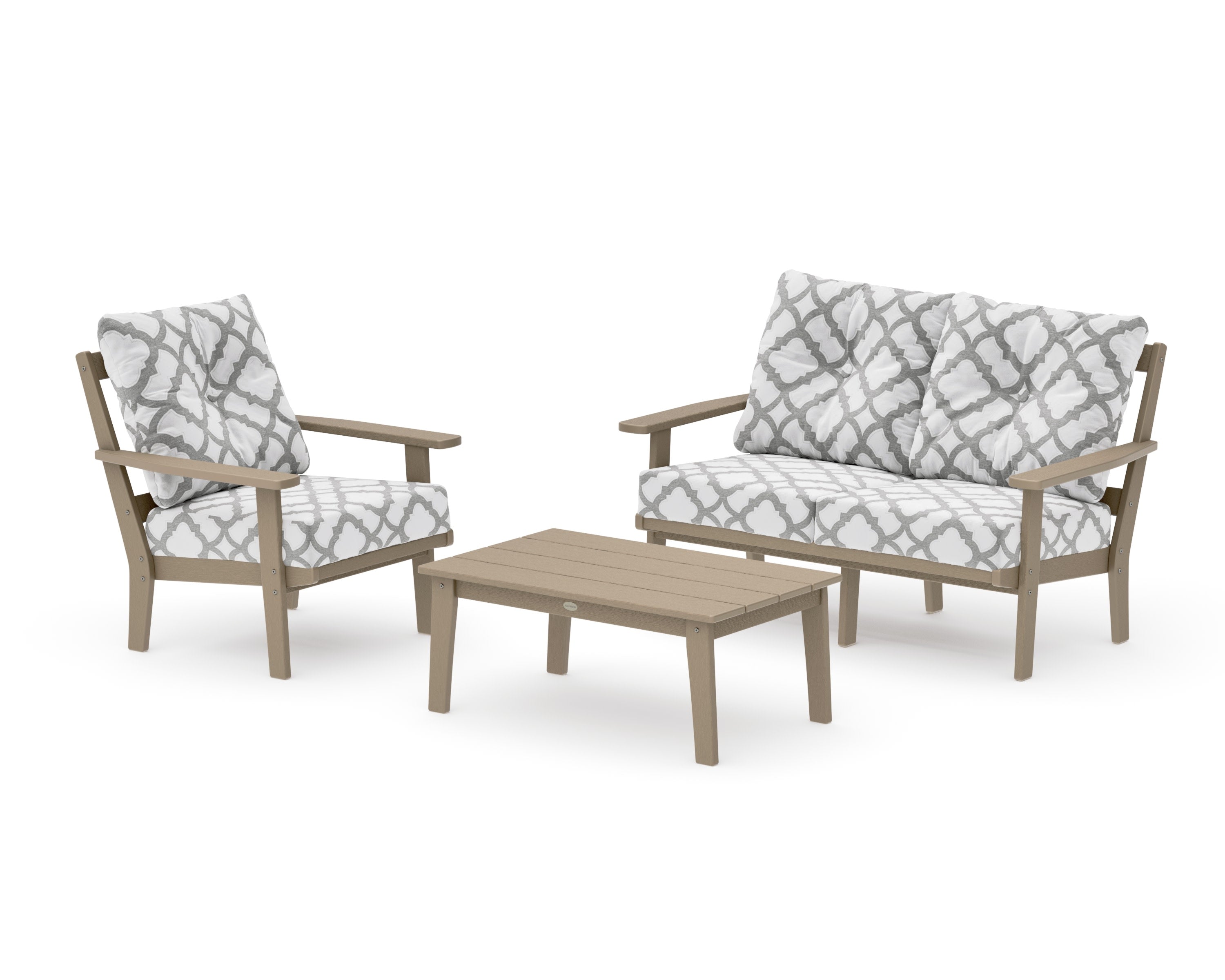 Oxford 3-Piece Deep Seating Set with Loveseat in Vintage Sahara / Trellis Grey Mist