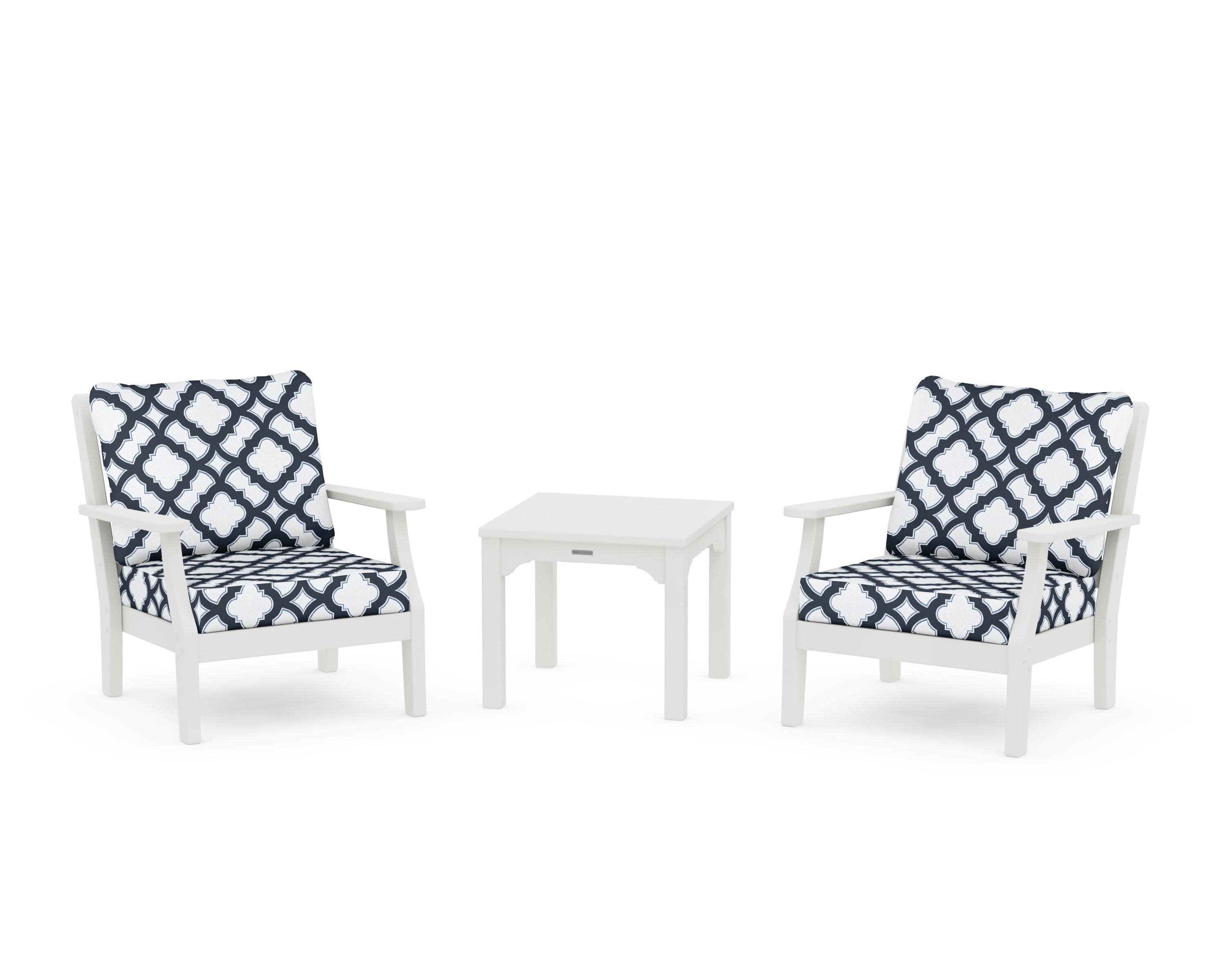 Chinoiserie 3-Piece Deep Seating Set in Vintage White / Trellis Marine Indigo