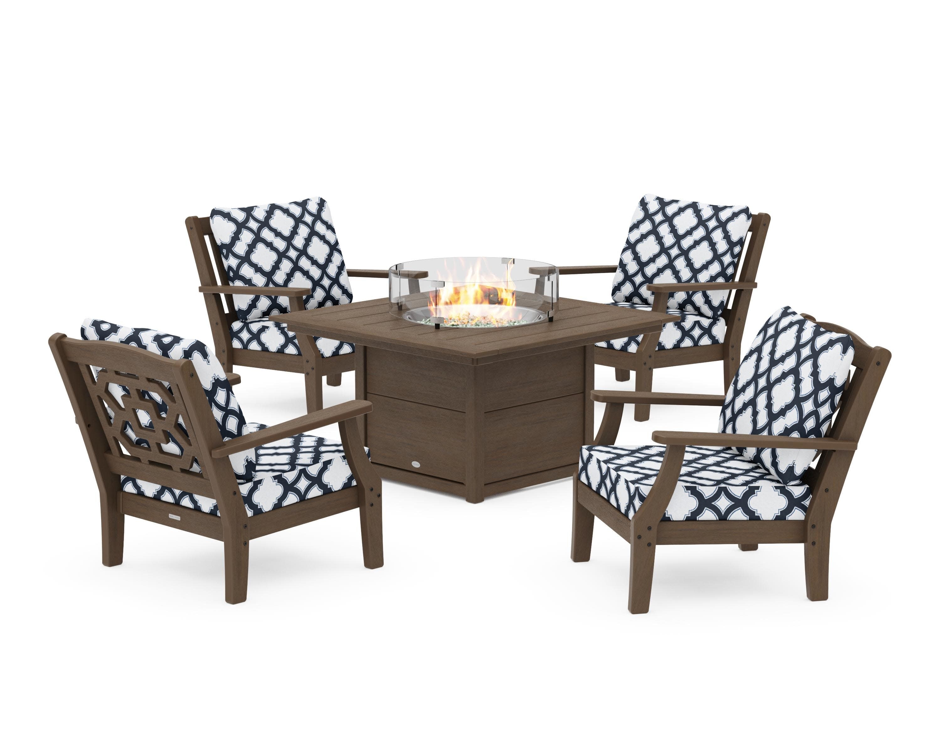 Chinoiserie 5-Piece Deep Seating Set with Fire Pit Table in Kona / Trellis Marine Indigo