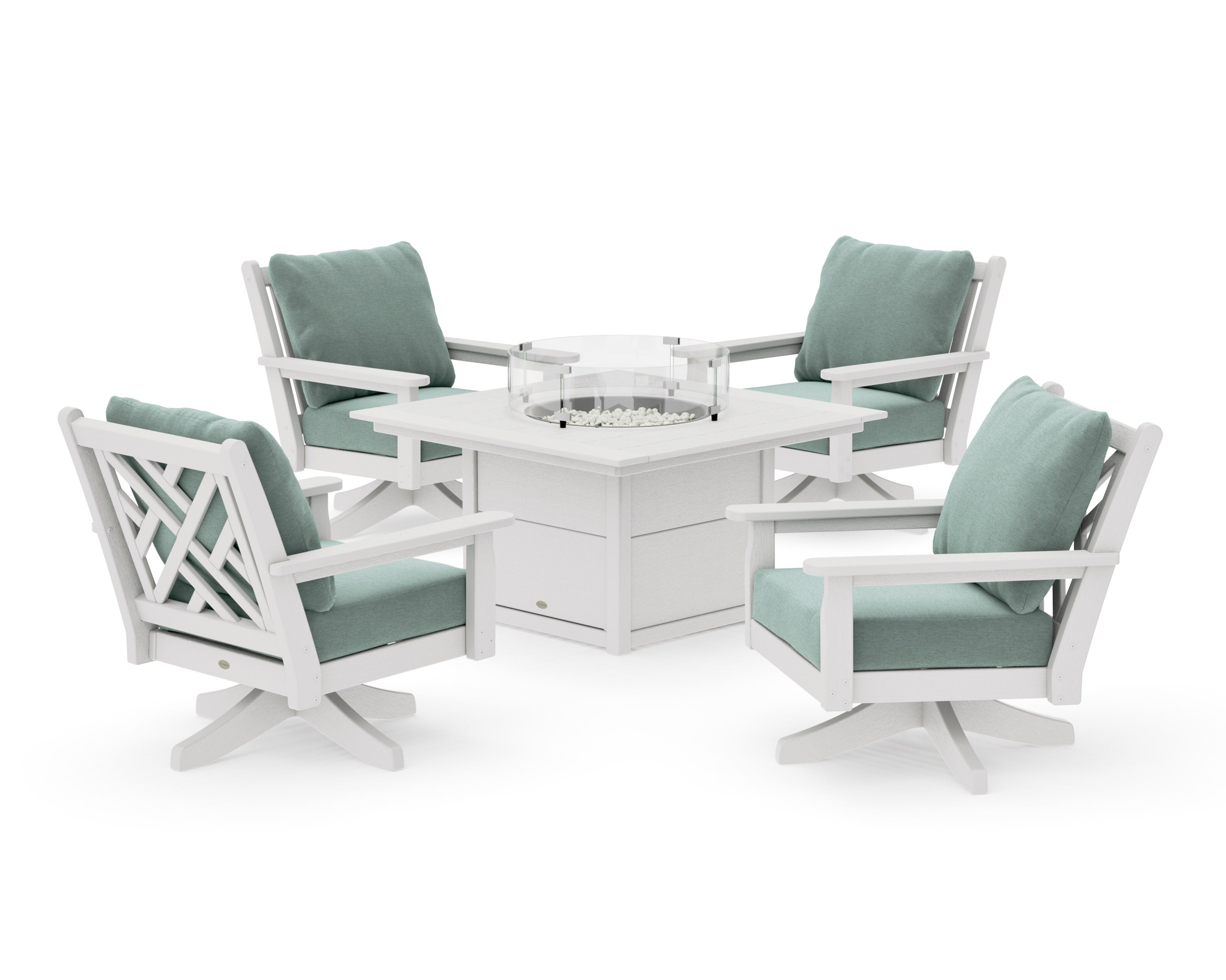 Chippendale 5-Piece Deep Seating Swivel Conversation Set with Fire Pit Table in Vintage White / Glacier Spa
