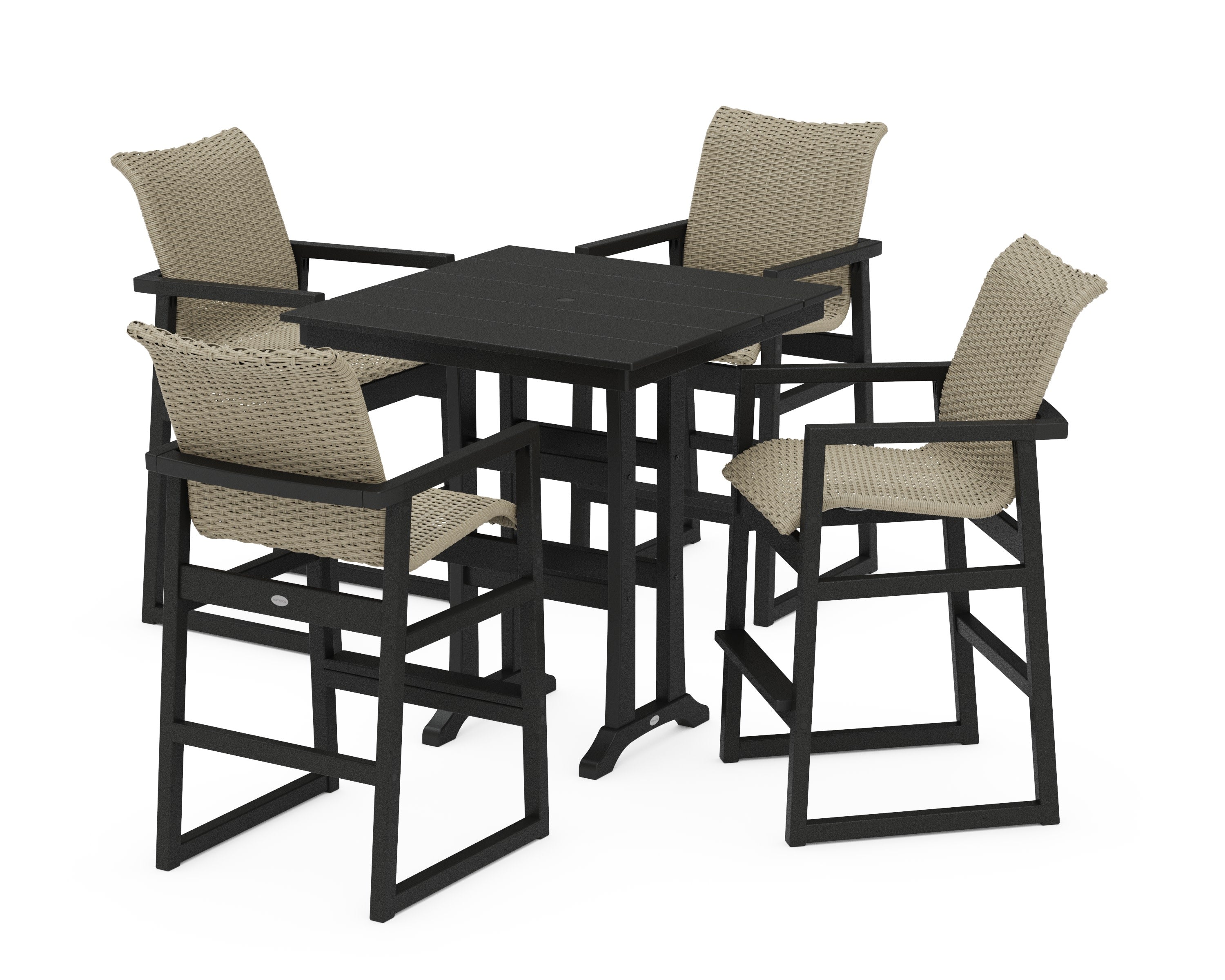 EDGE Woven 5-Piece Farmhouse Bar Set with Trestle Legs in Black / Dune Grass