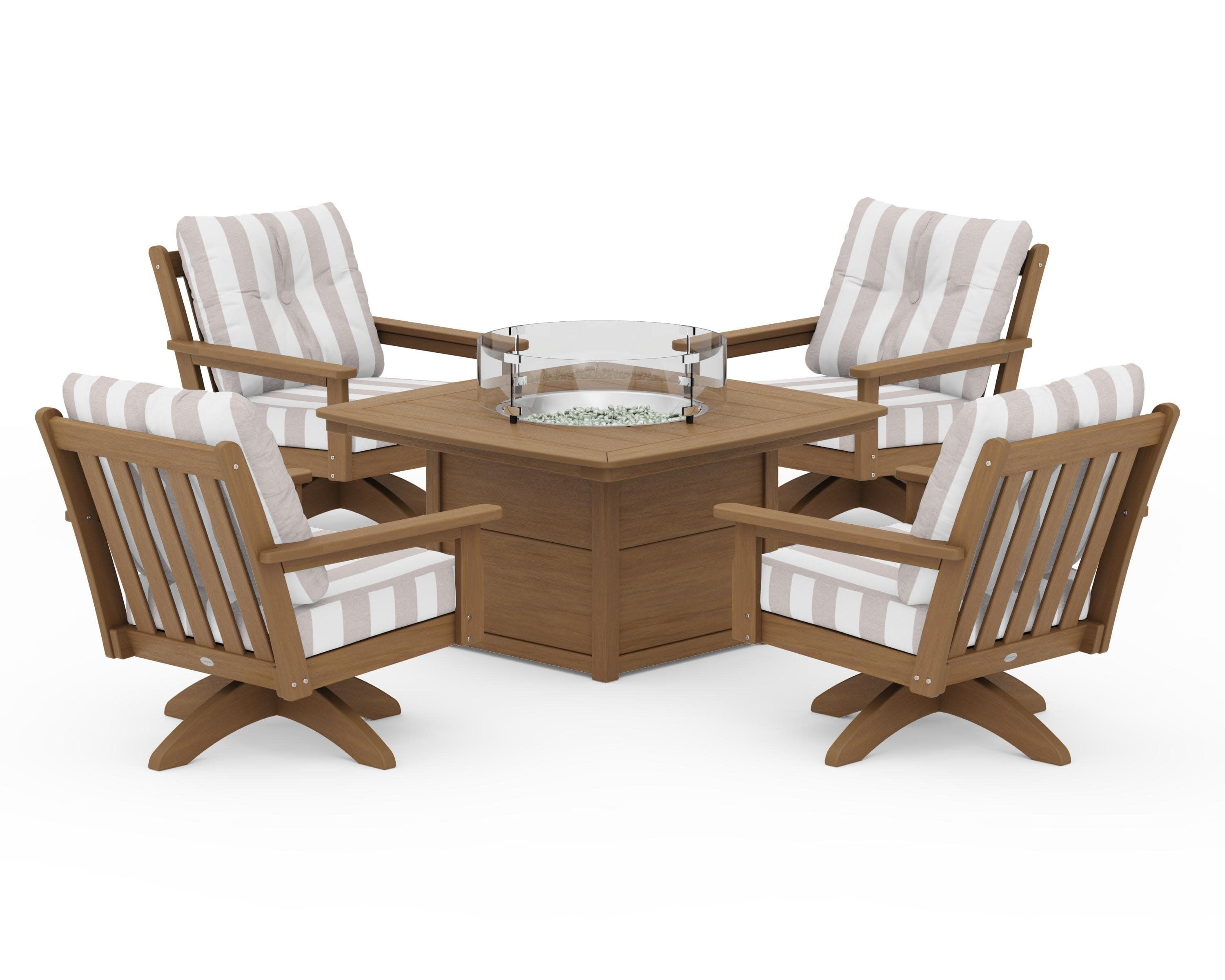 Vineyard 5-Piece Deep Seating Swivel Conversation Set with Fire Pit Table in Natural / Cabana Stripe Dune Burlap