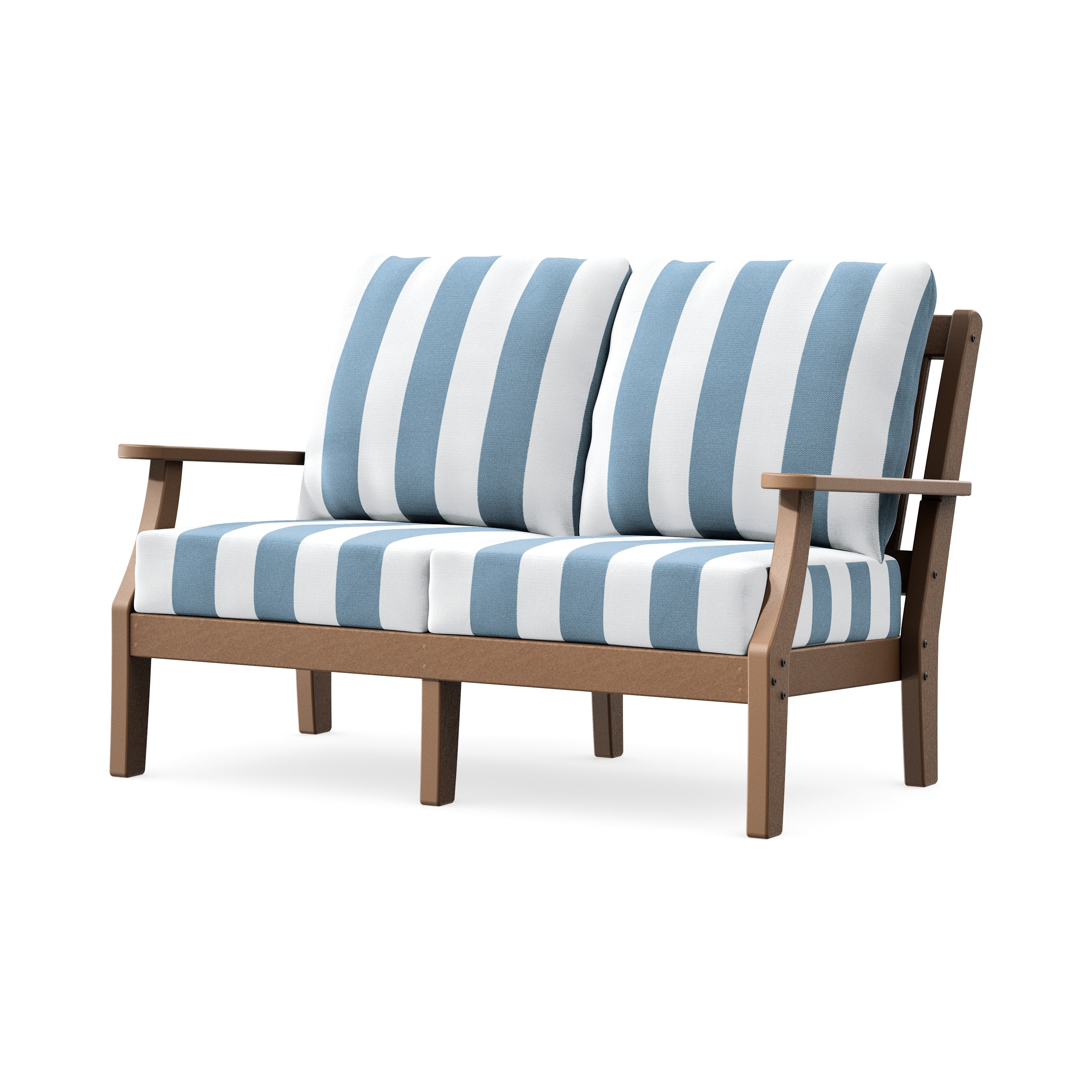 Chinoiserie Deep Seating Loveseat in Teak / Cabana Stripe Sky Blue