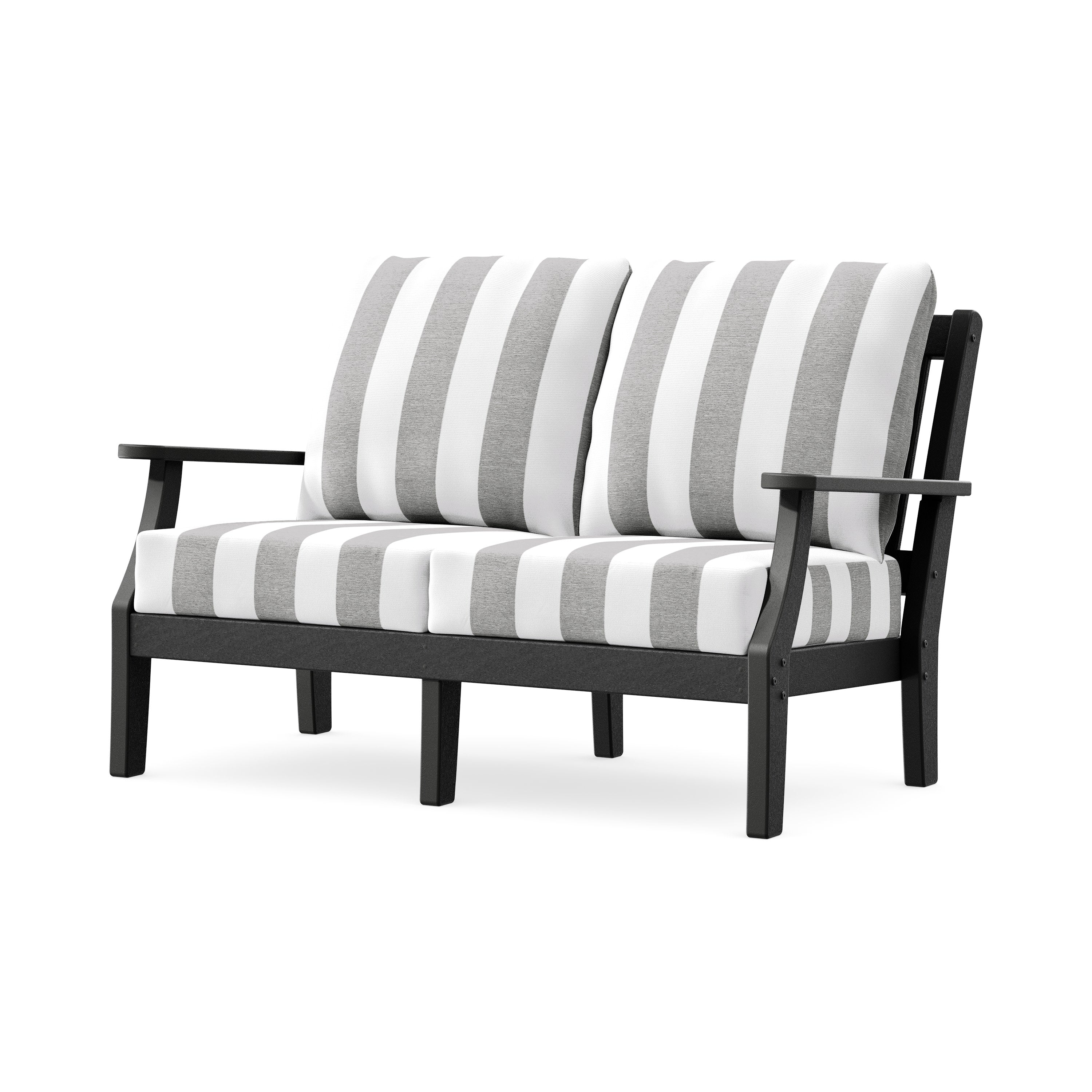Chinoiserie Deep Seating Loveseat in Black / Cabana Stripe Grey Mist