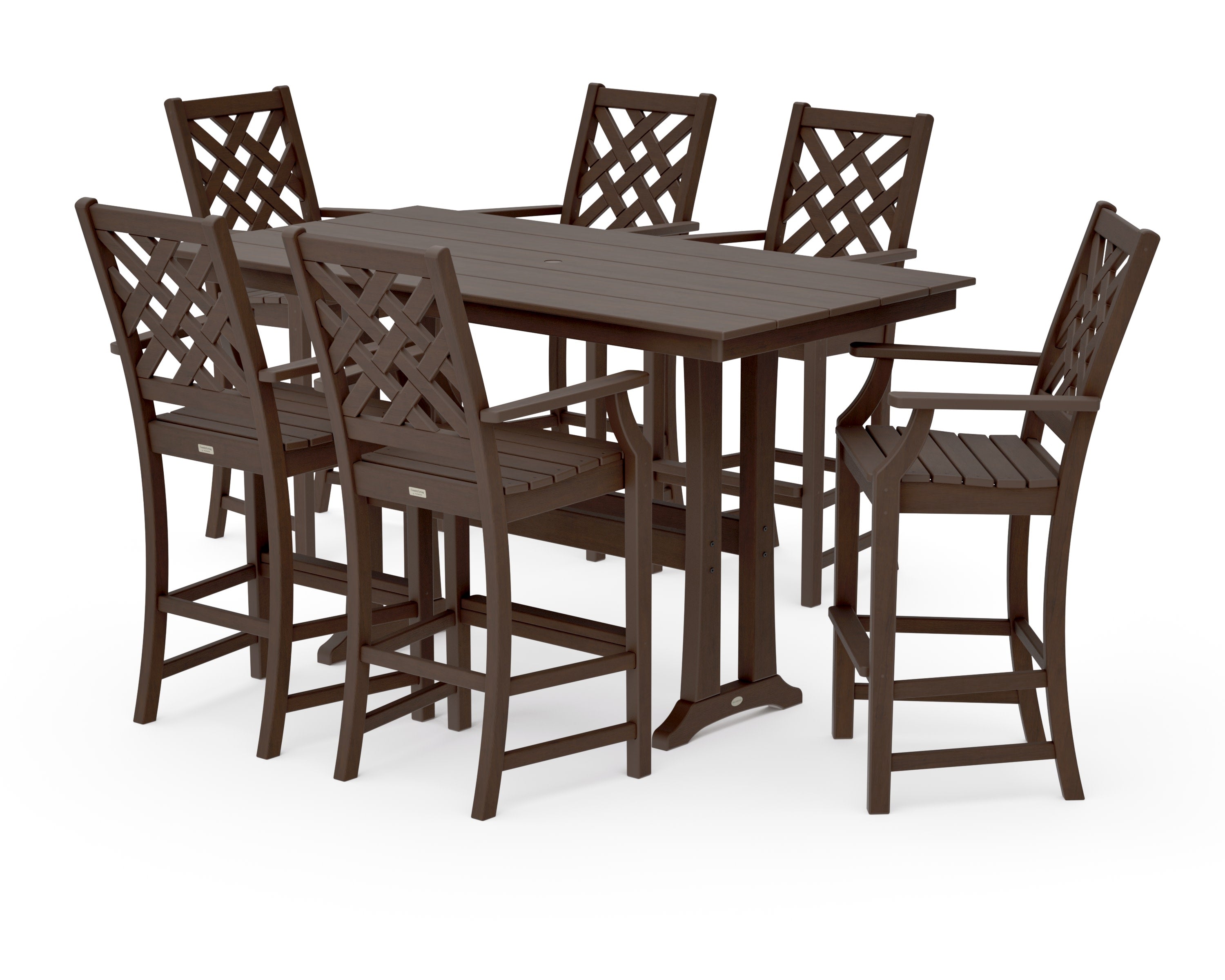 Wovendale Arm Chair 7-Piece Farmhouse Bar Set with Trestle Legs in Kona