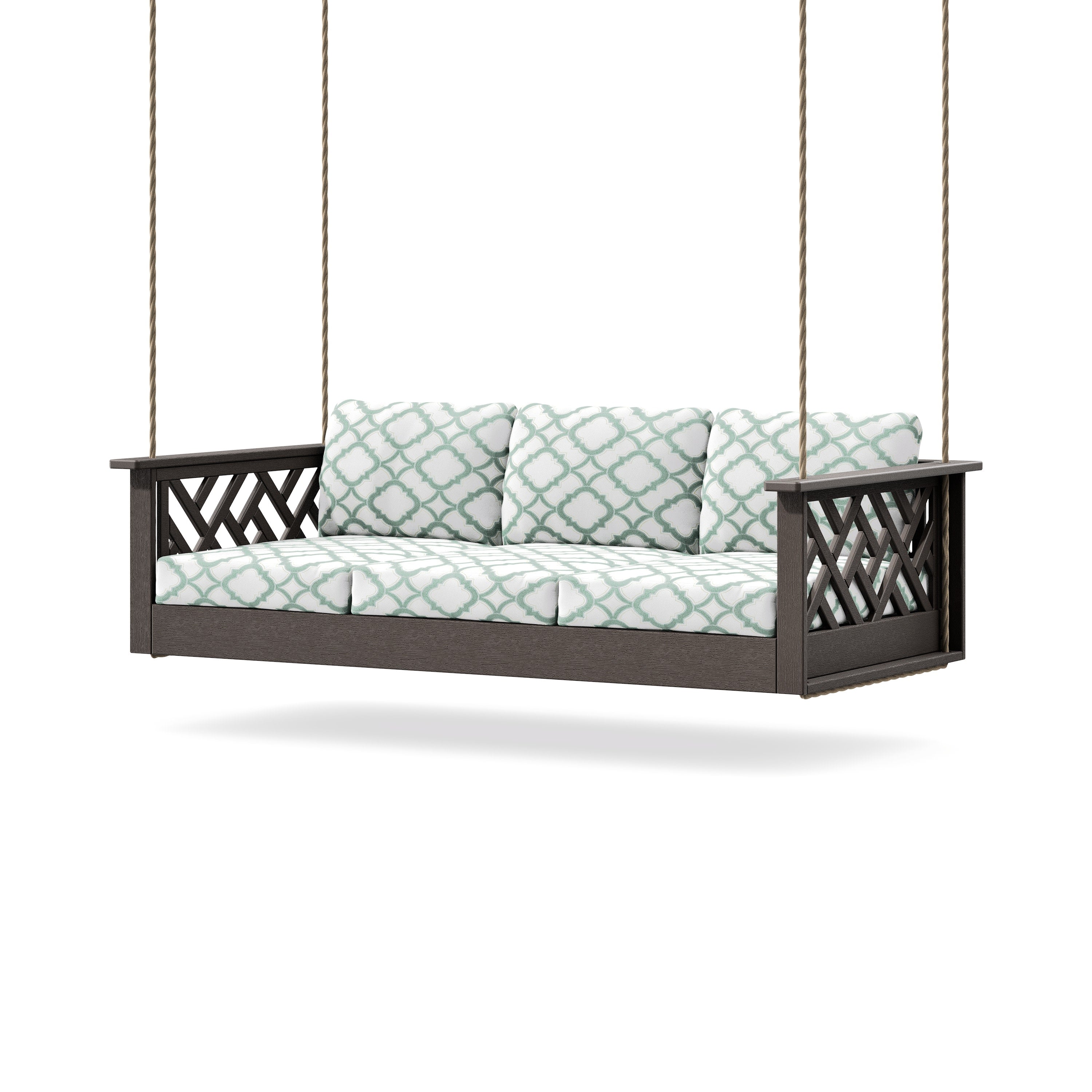 Chippendale Daybed Swing in Vintage Coffee / Trellis Glacier Spa