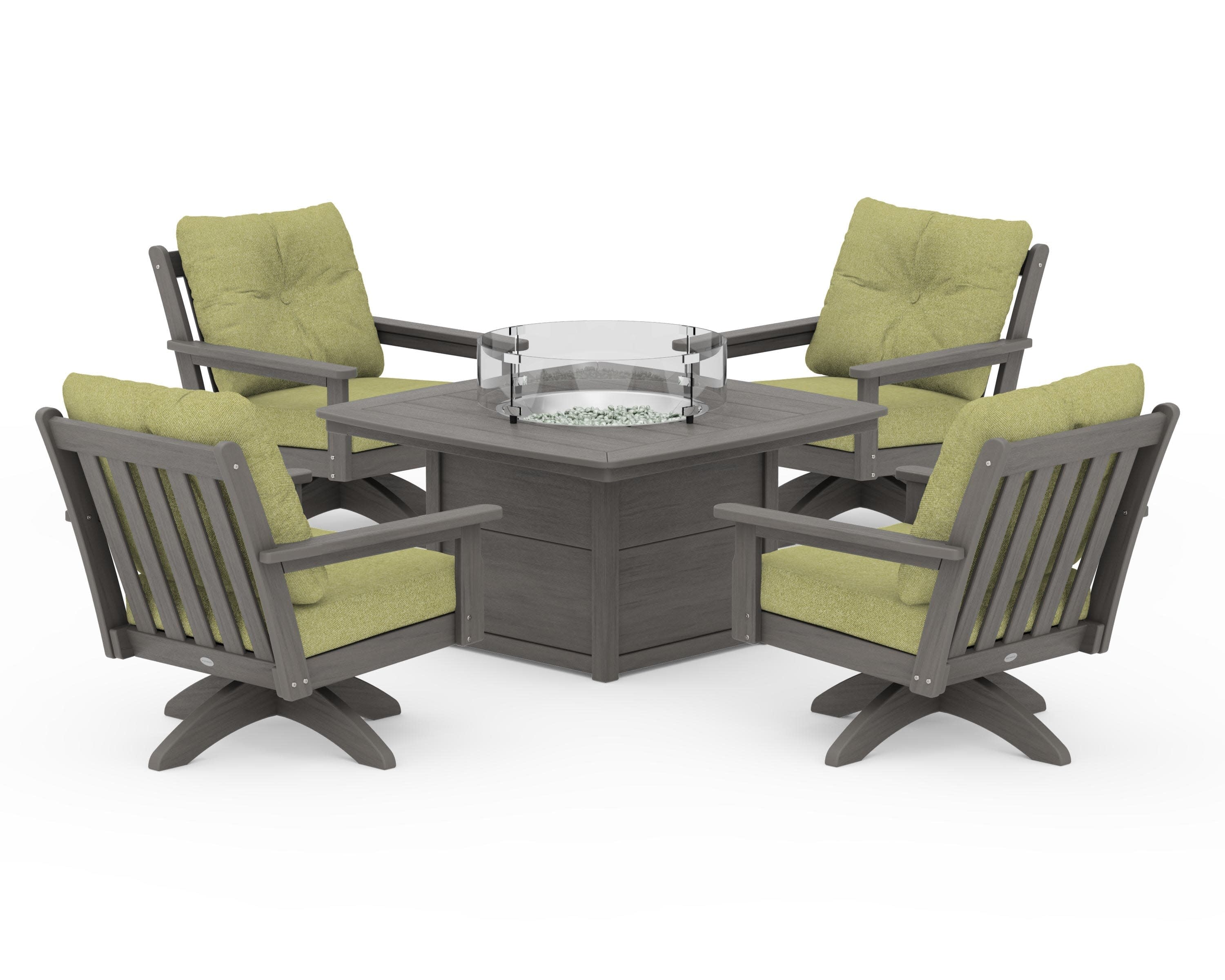 Vineyard 5-Piece Deep Seating Swivel Conversation Set with Fire Pit Table in Driftwood / Chartreuse Boucle
