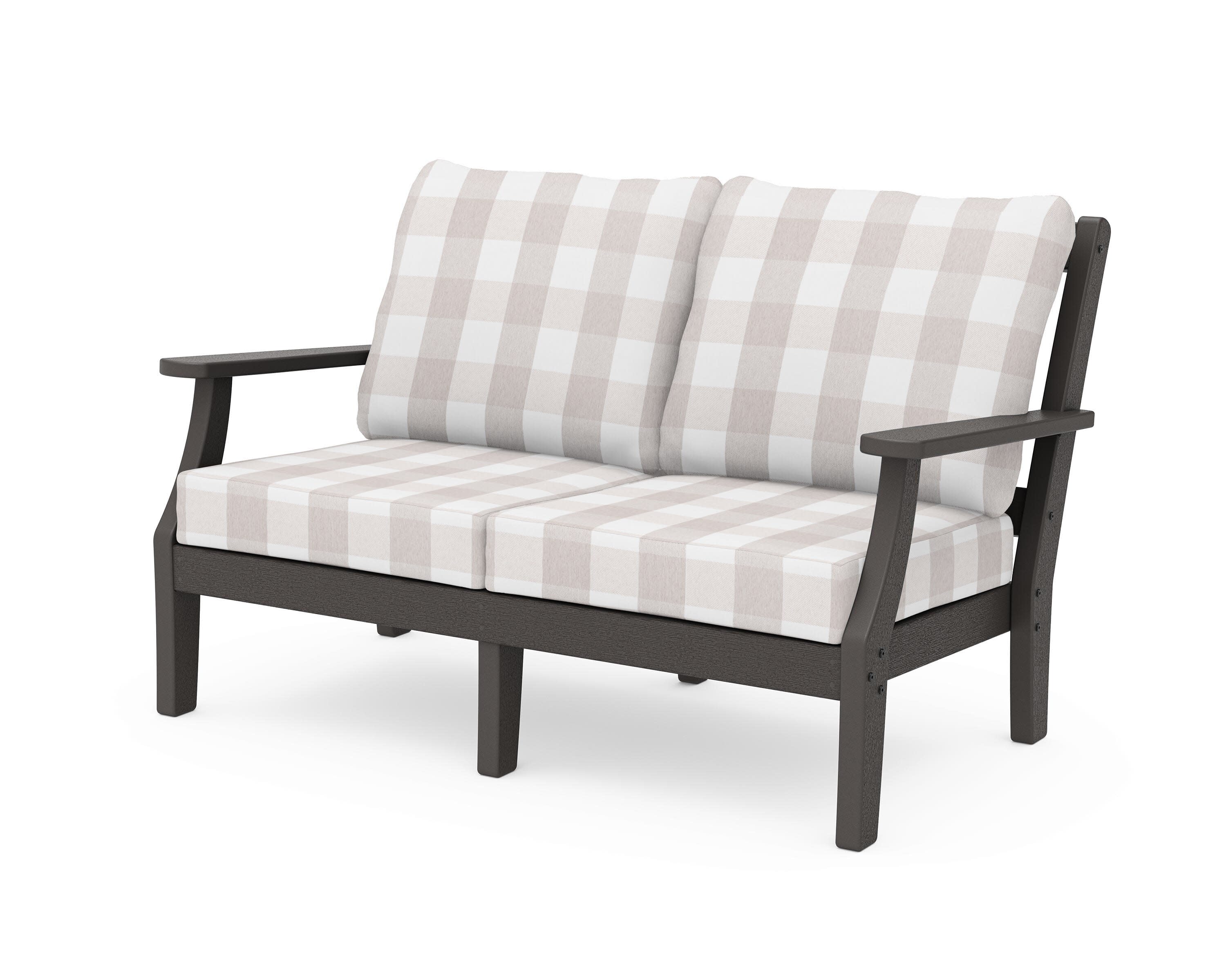 Chinoiserie Deep Seating Loveseat in Vintage Coffee / Buffalo Plaid Dune Burlap