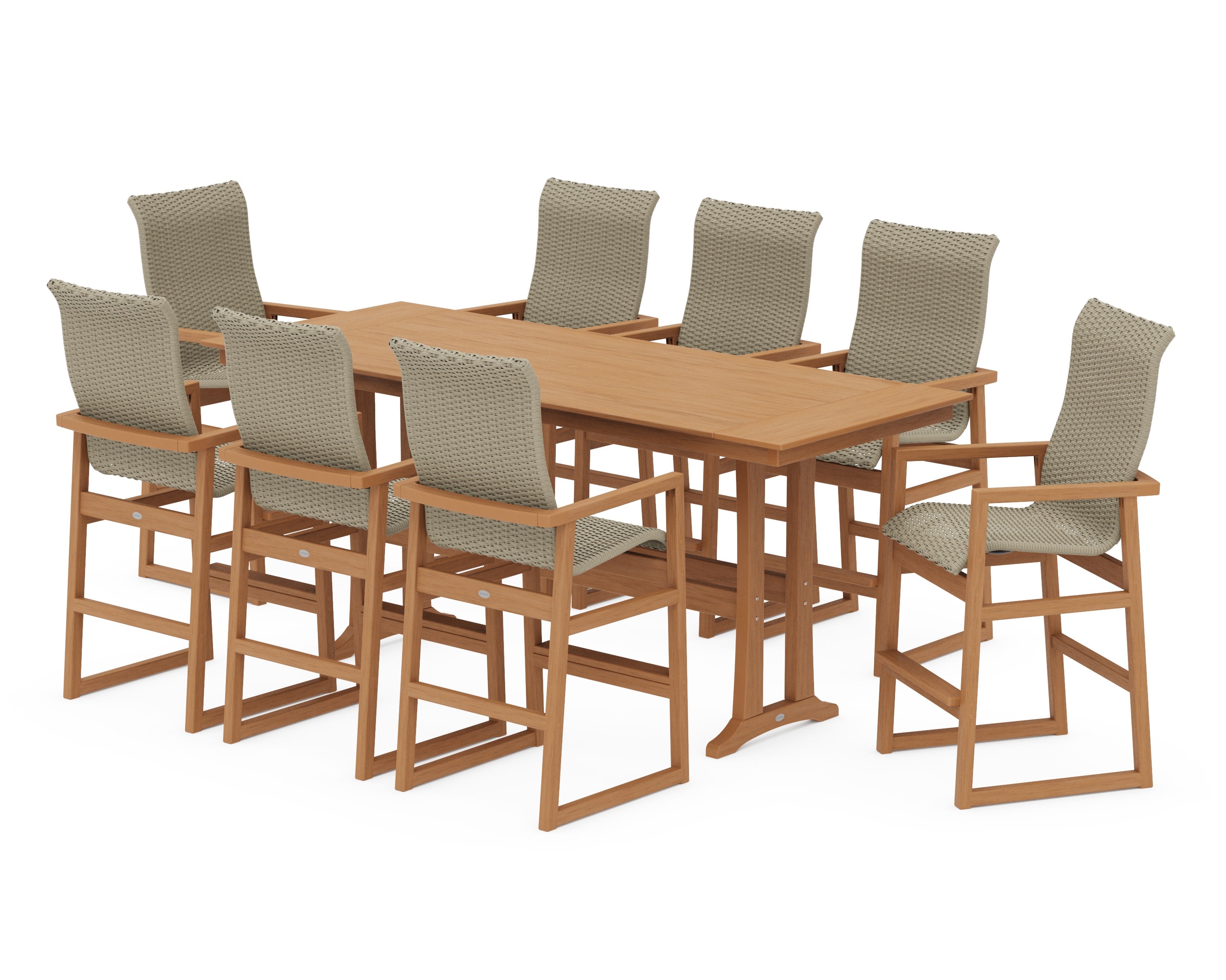 EDGE Woven Highback 9-Piece Farmhouse Bar Set with Trestle Legs in Natural / Dune Grass