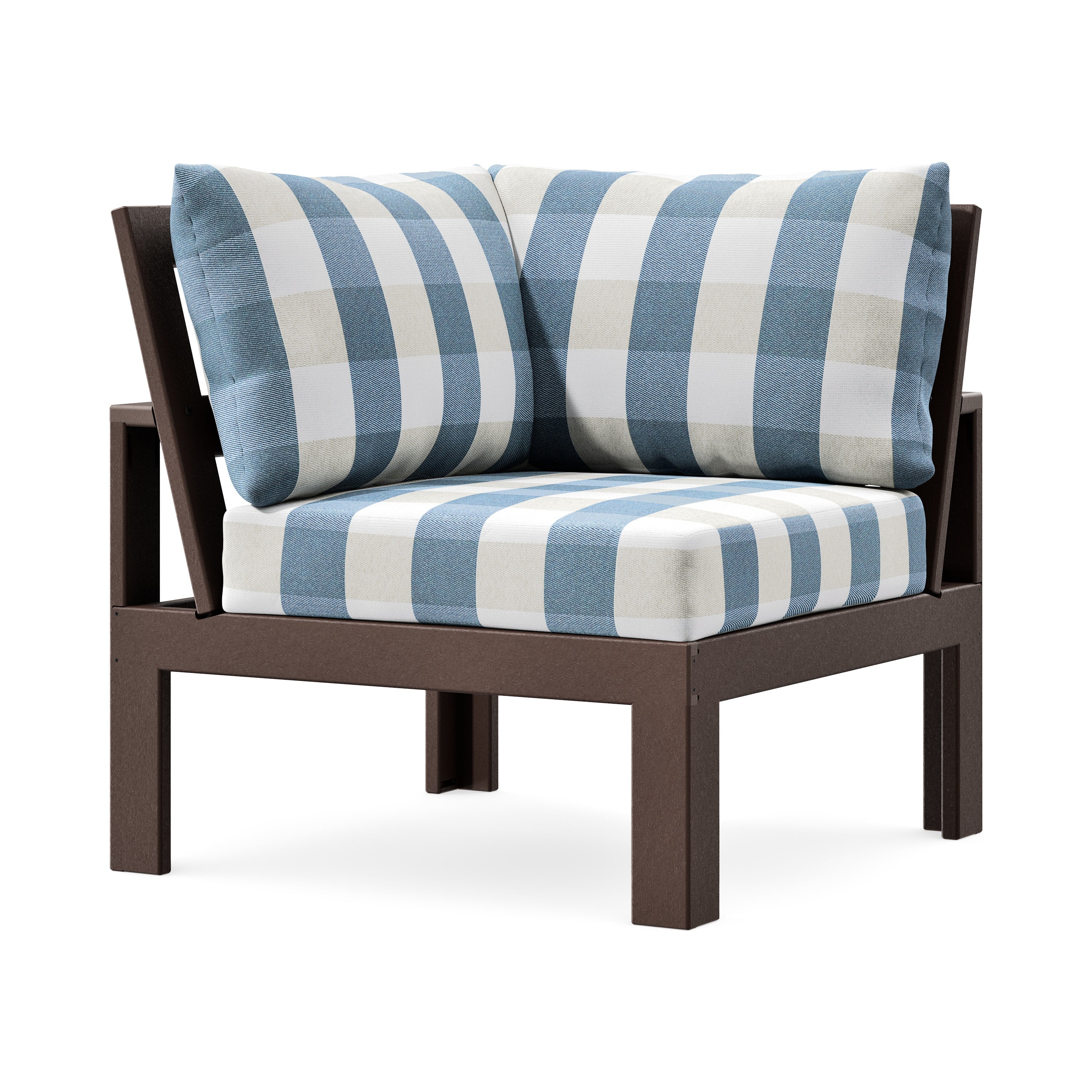 Modular Corner Chair in Mahogany / Buffalo Plaid Sky Blue