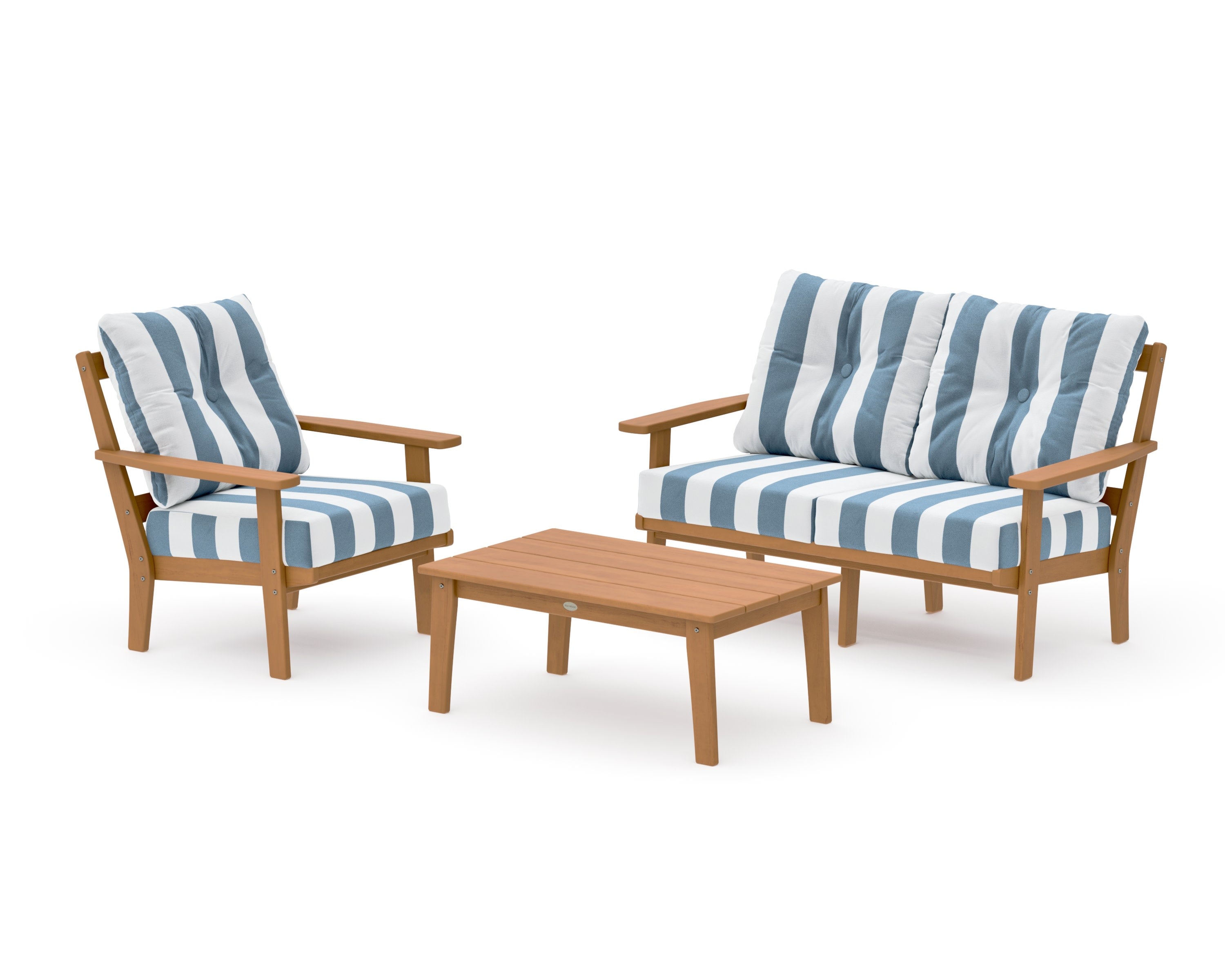 Oxford 3-Piece Deep Seating Set with Loveseat in Natural / Cabana Stripe Sky Blue