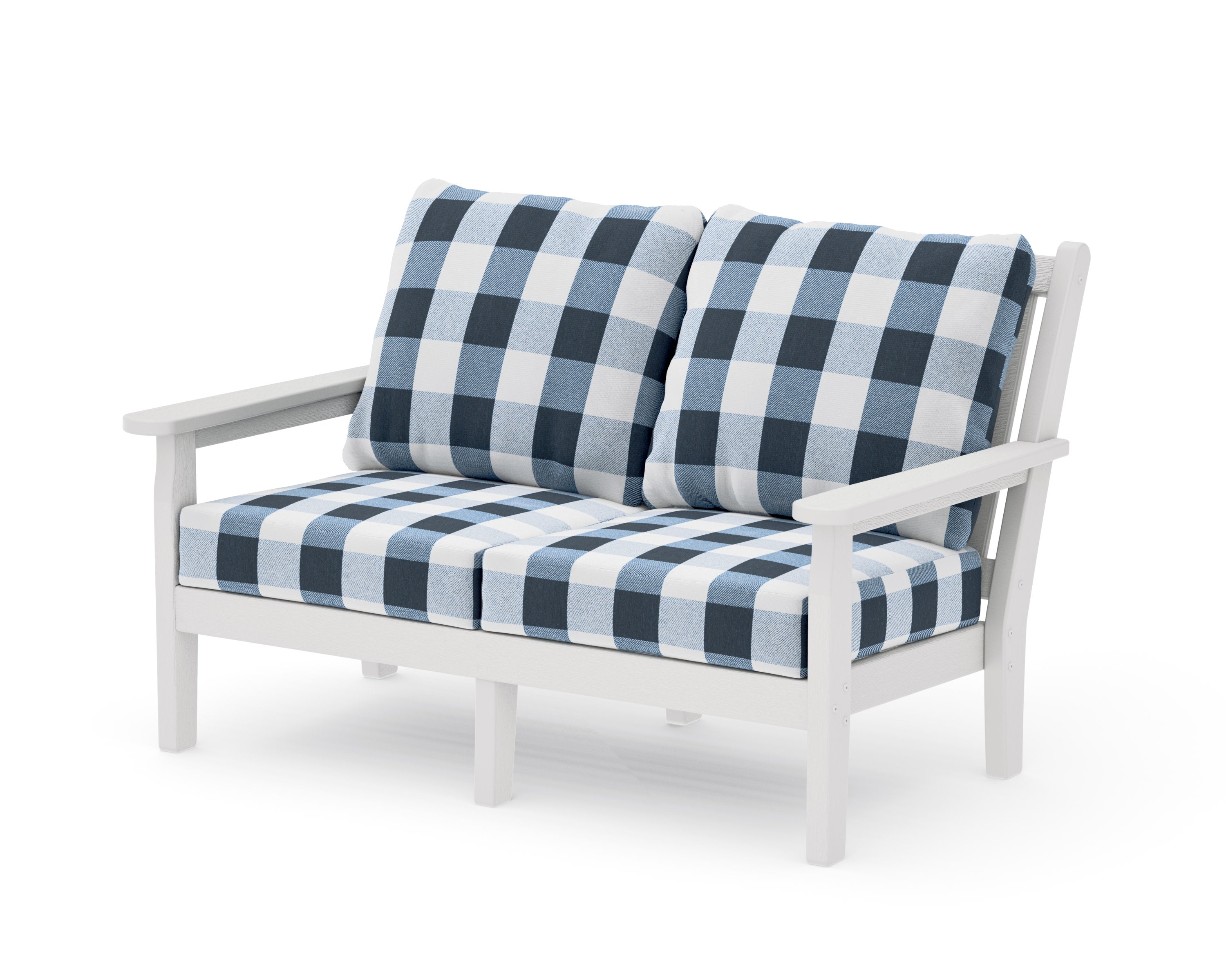 Chippendale Deep Seating Loveseat in Vintage White / Buffalo Plaid Marine Indigo