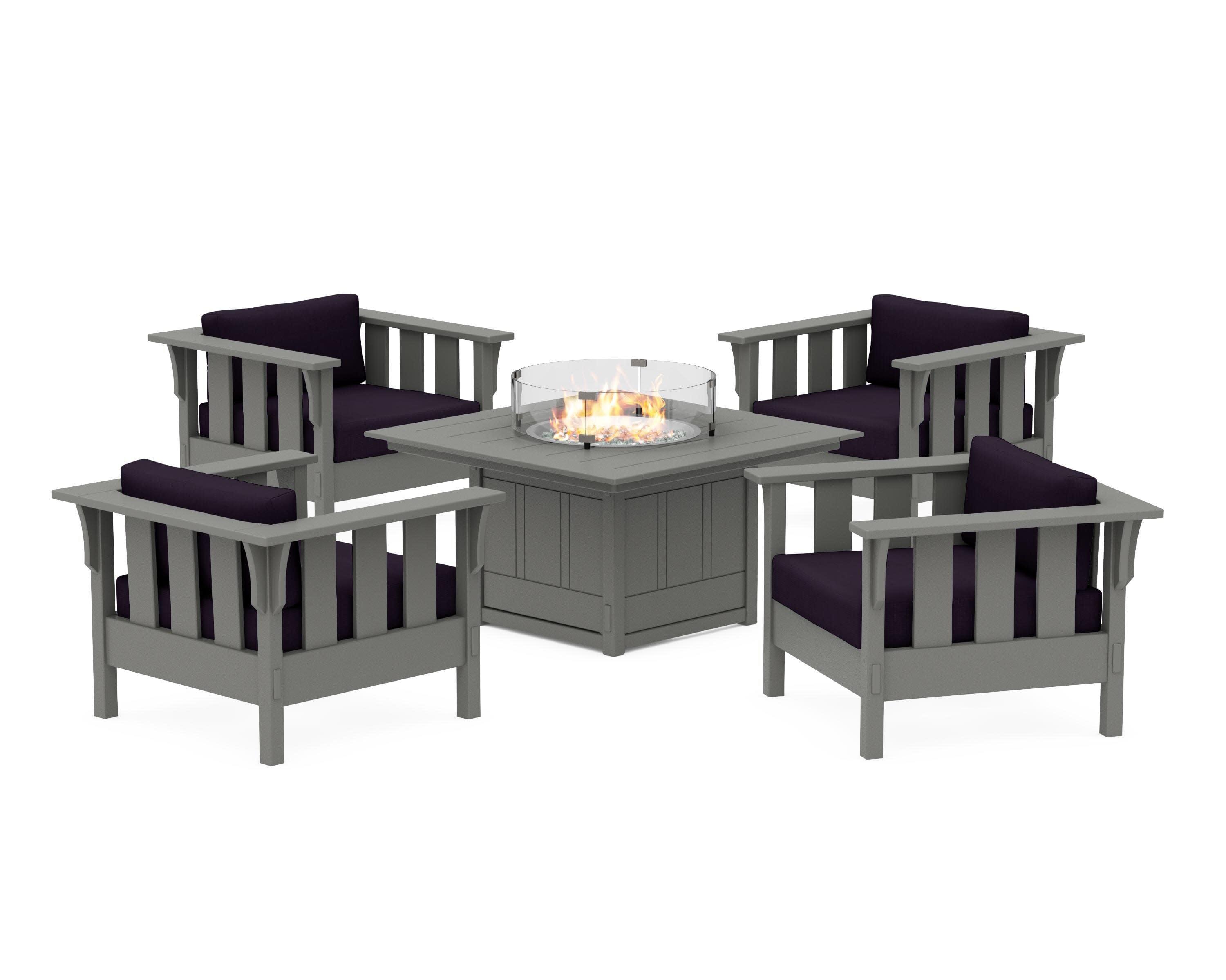 Acadia 5-Piece Deep Seating Set with Fire Pit Table in Slate Grey / Navy Linen
