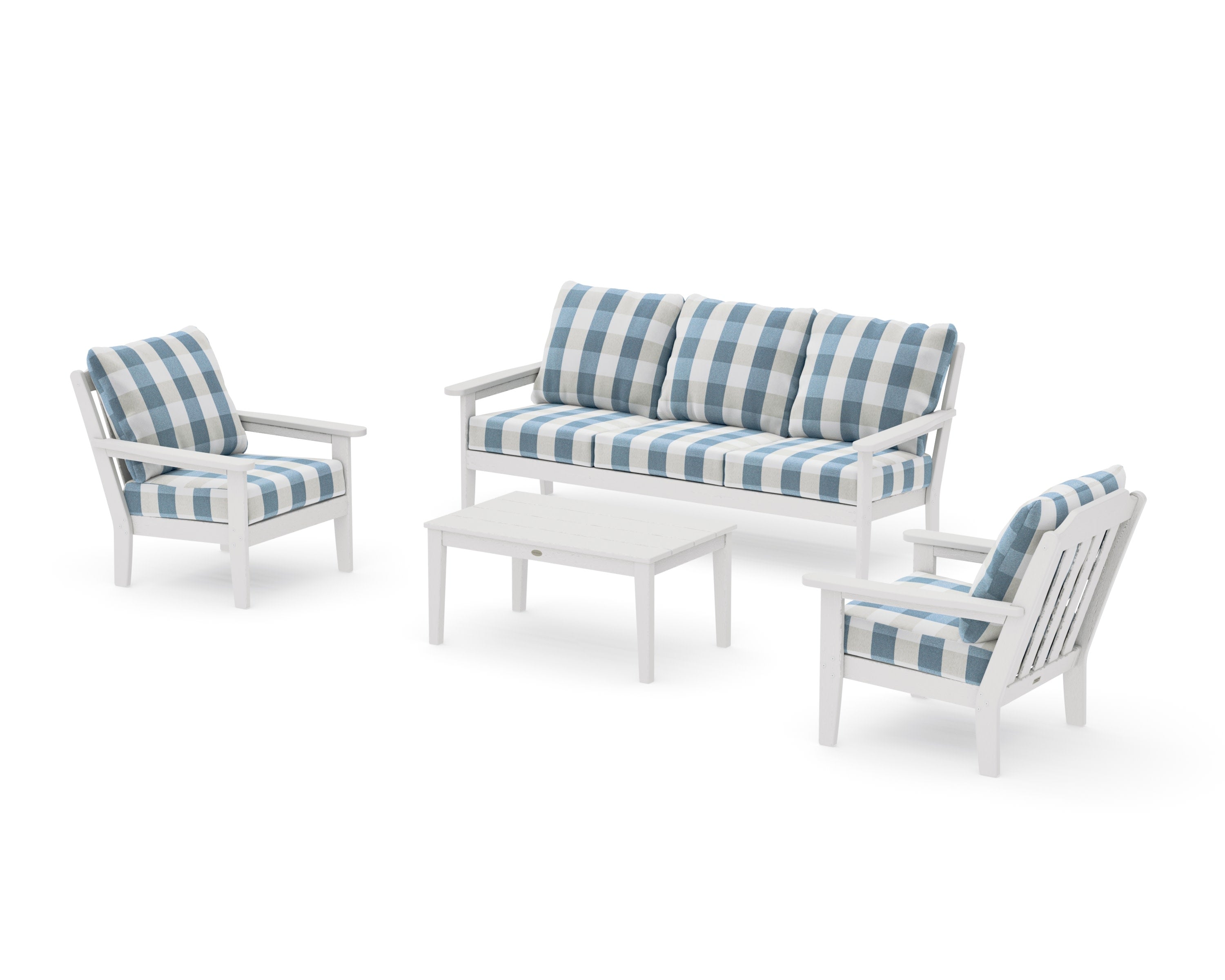 Cottage 4-Piece Deep Seating Set with Sofa in Vintage White / Buffalo Plaid Sky Blue