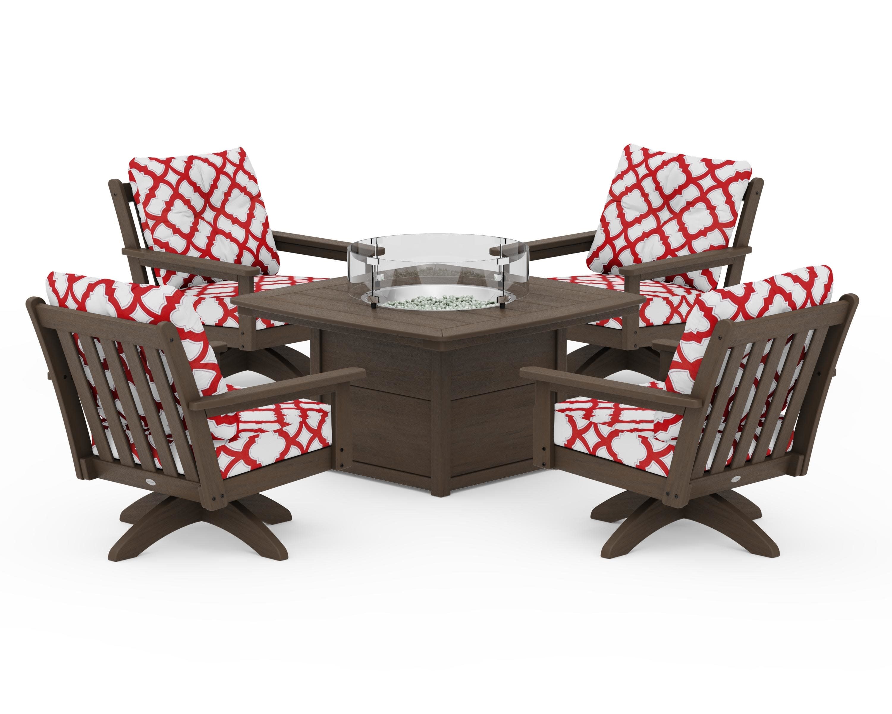 Vineyard 5-Piece Deep Seating Swivel Conversation Set with Fire Pit Table in Kona / Trellis Crimson