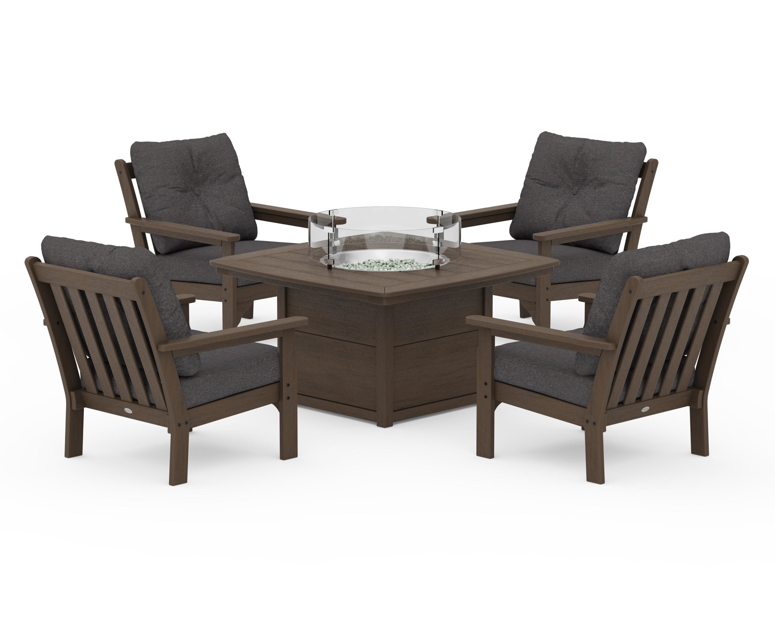 Vineyard 5-Piece Conversation Set with Fire Pit Table in Kona / Ash Charcoal