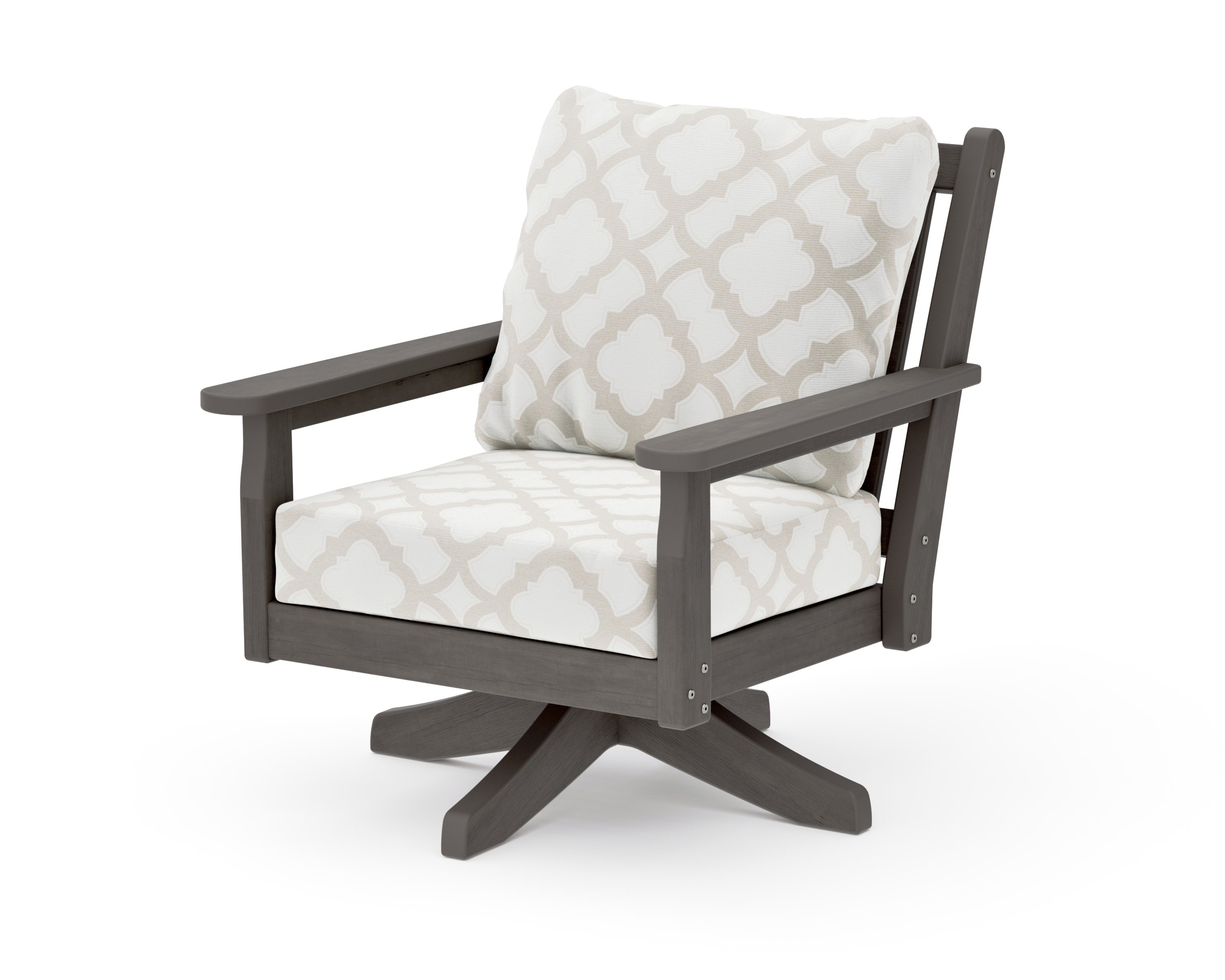Chippendale Deep Seating Swivel Chair in Driftwood / Trellis Dune Burlap