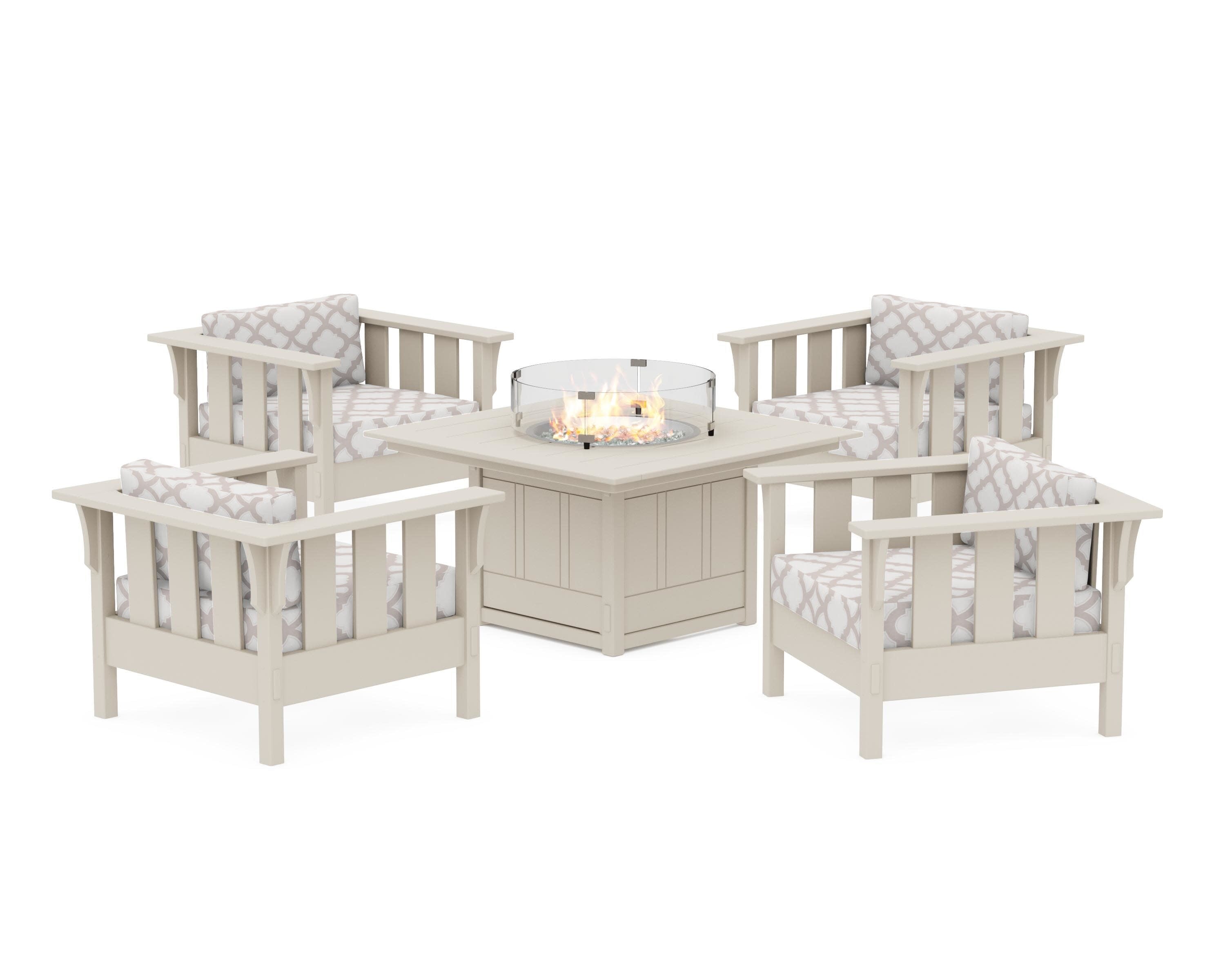 Acadia 5-Piece Deep Seating Set with Fire Pit Table in Sand / Trellis Dune Burlap