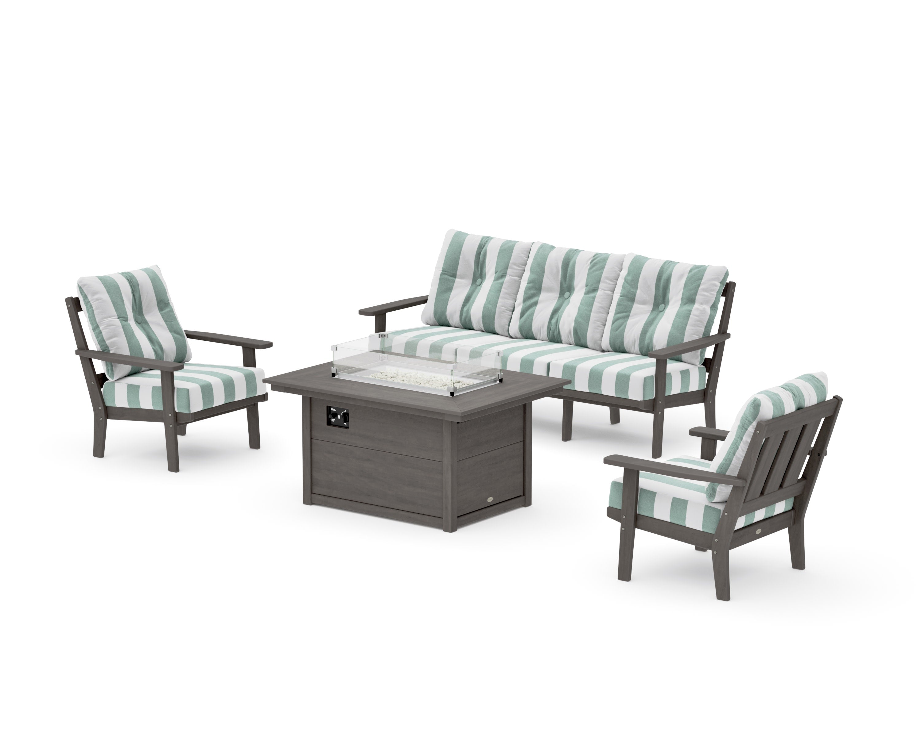 Oxford Deep Seating Fire Pit Table Set in Driftwood / Cabana Stripe Glacier Spa