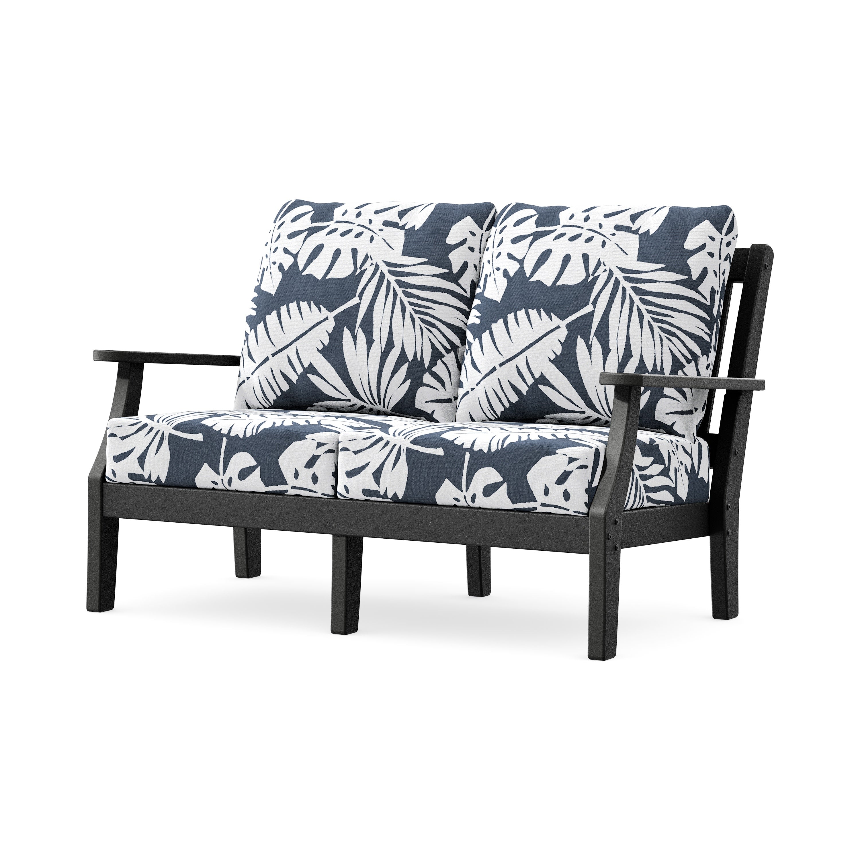 Chinoiserie Deep Seating Loveseat in Black / Leaf Marine Indigo