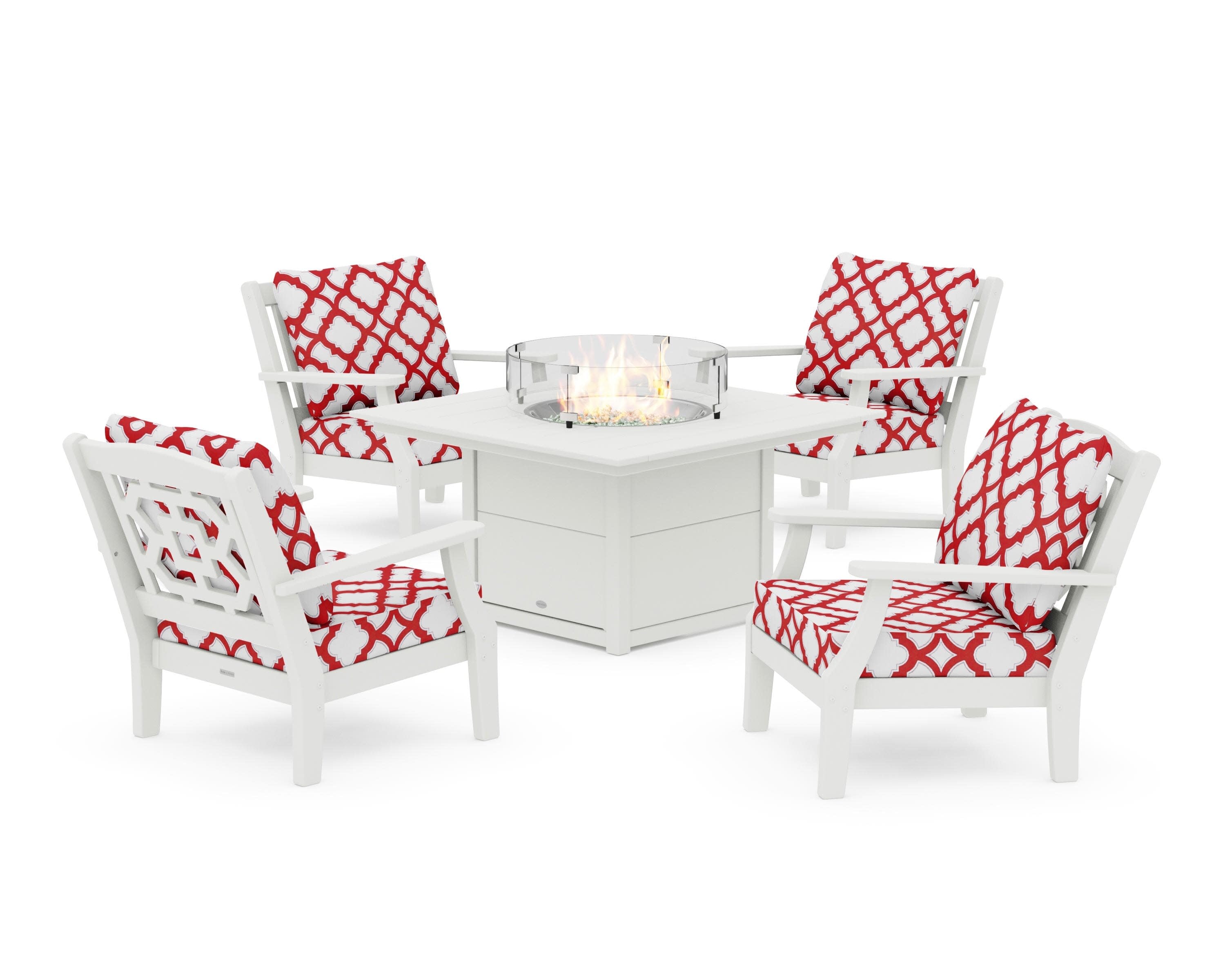Chinoiserie 5-Piece Deep Seating Set with Fire Pit Table in Vintage White / Trellis Crimson