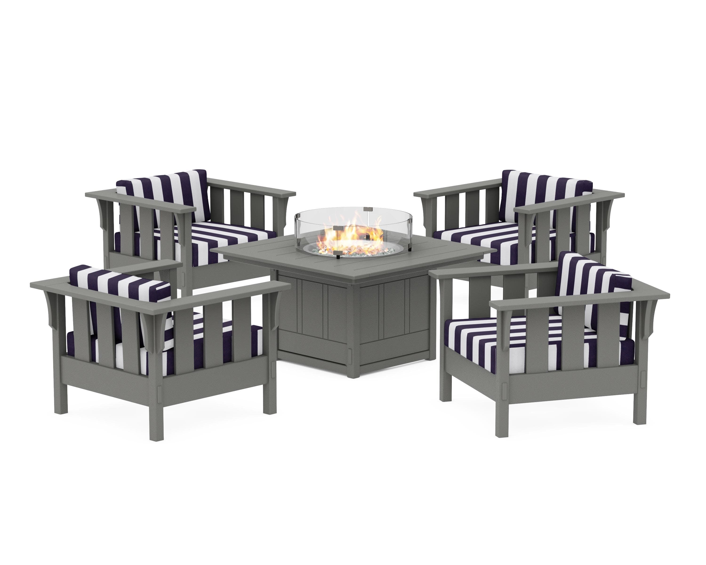 Acadia 5-Piece Deep Seating Set with Fire Pit Table in Slate Grey / Cabana Stripe Navy