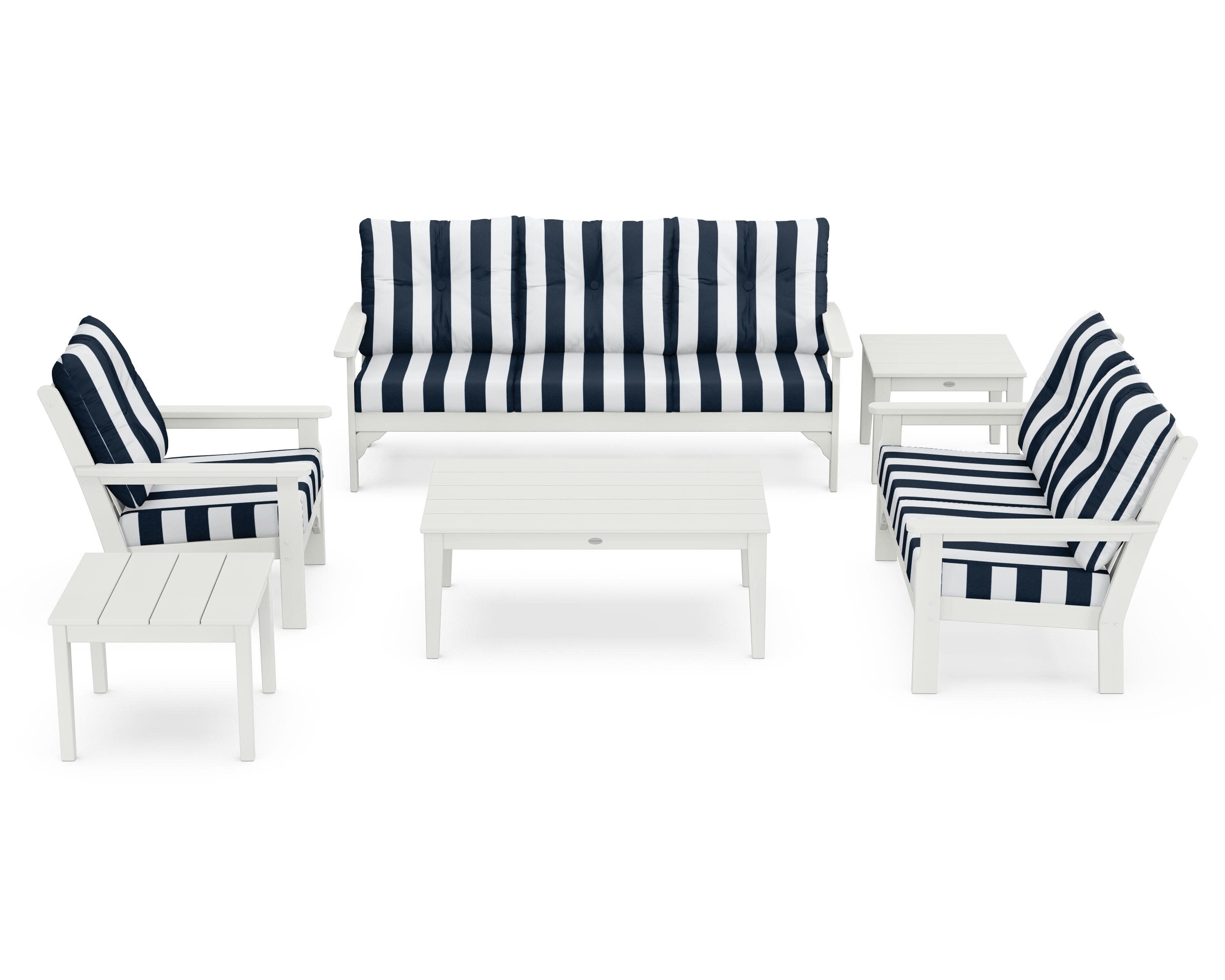 Vineyard 6-Piece Deep Seating Set in Vintage White / Cabana Stripe Marine Indigo