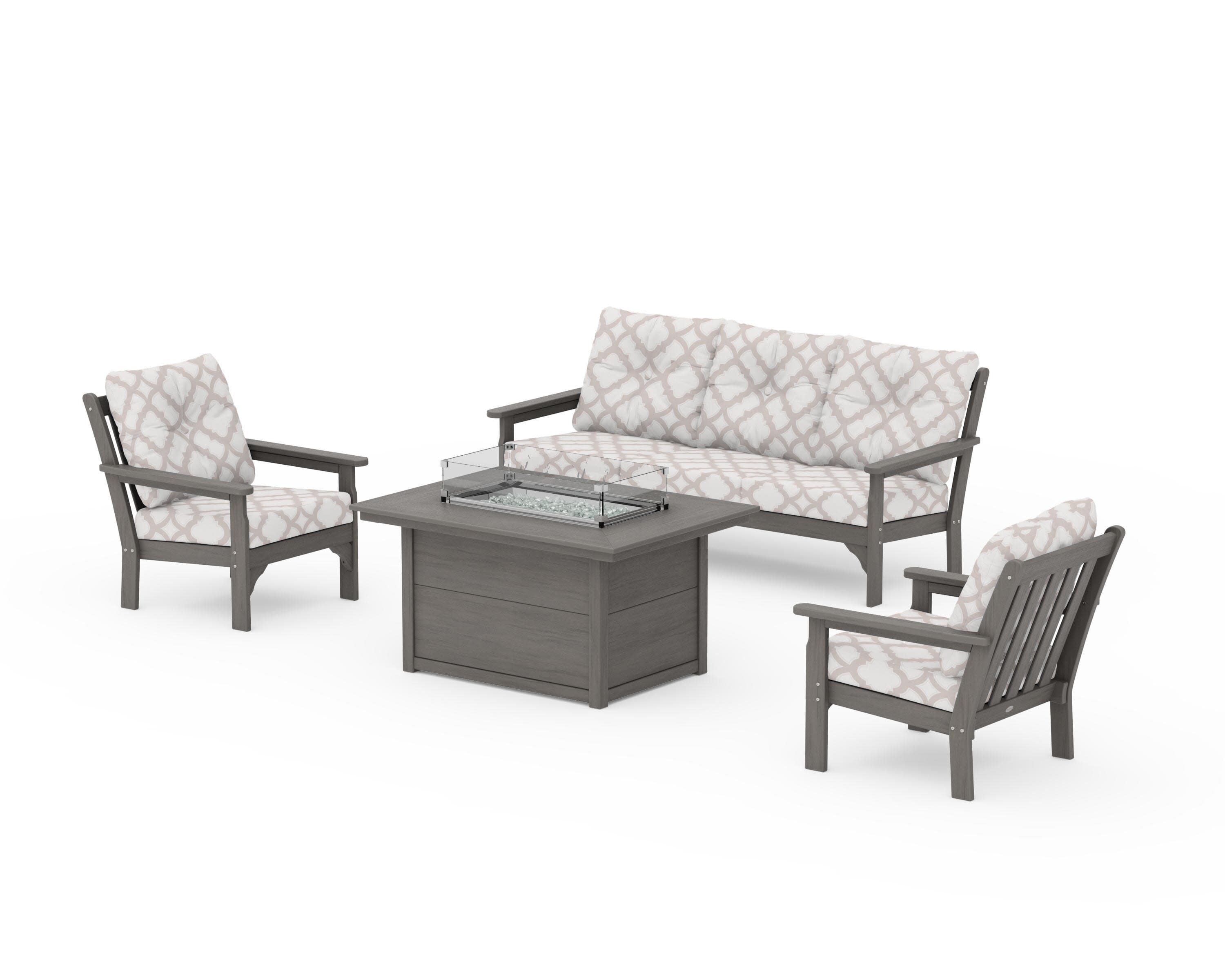 Vineyard Deep Seating Fire Pit Table Set in Driftwood / Trellis Dune Burlap