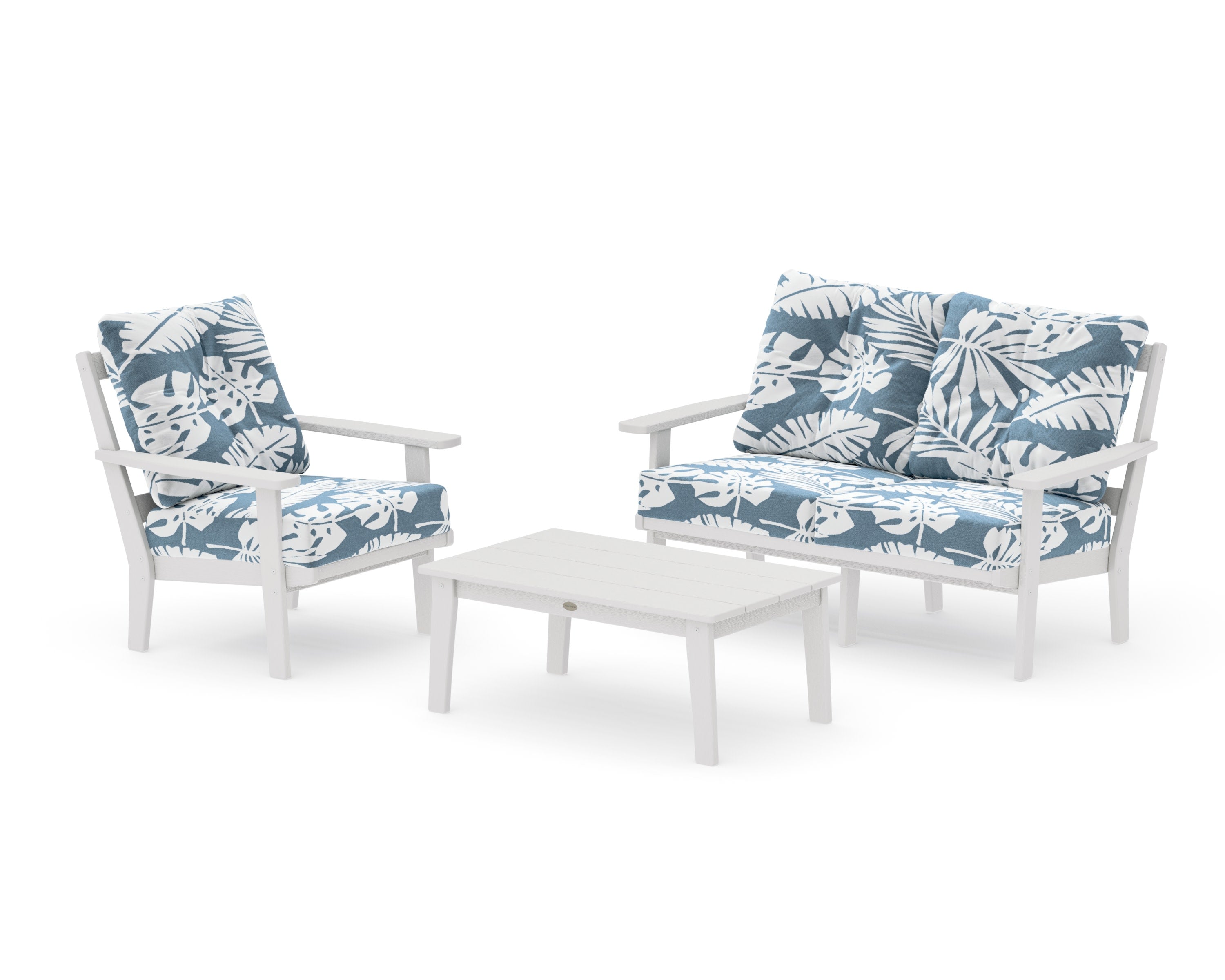 Oxford 3-Piece Deep Seating Set with Loveseat in Vintage White / Leaf Sky Blue