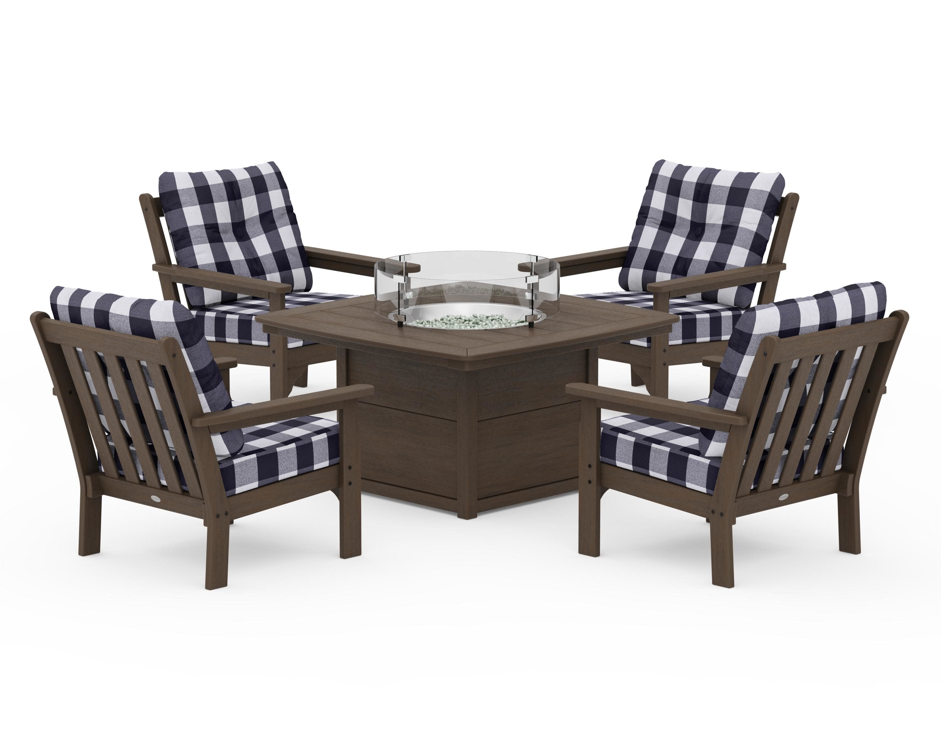 Vineyard 5-Piece Conversation Set with Fire Pit Table in Kona / Buffalo Plaid Navy