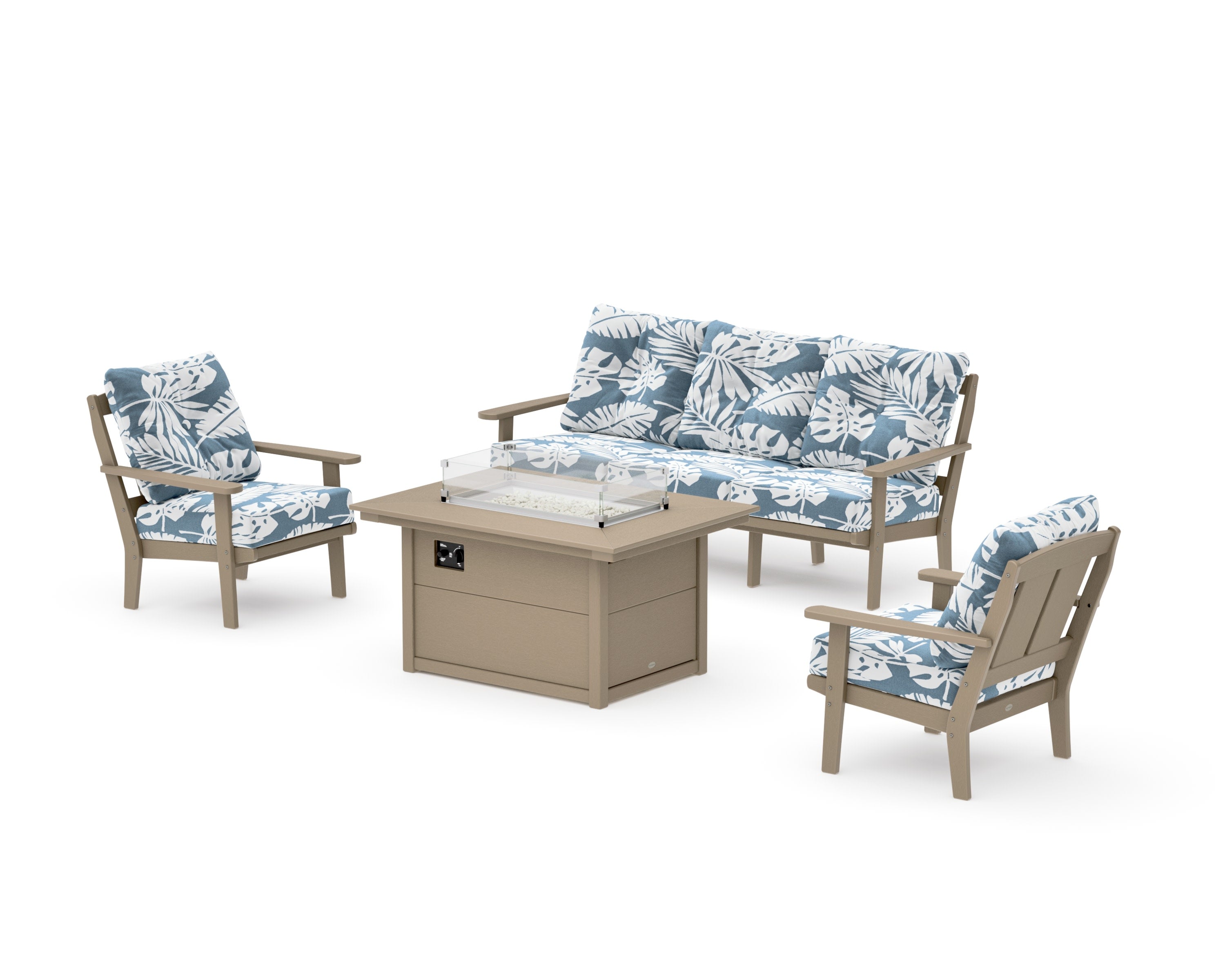 Mission Deep Seating Fire Pit Table Set in Vintage Sahara / Leaf Sky Blue