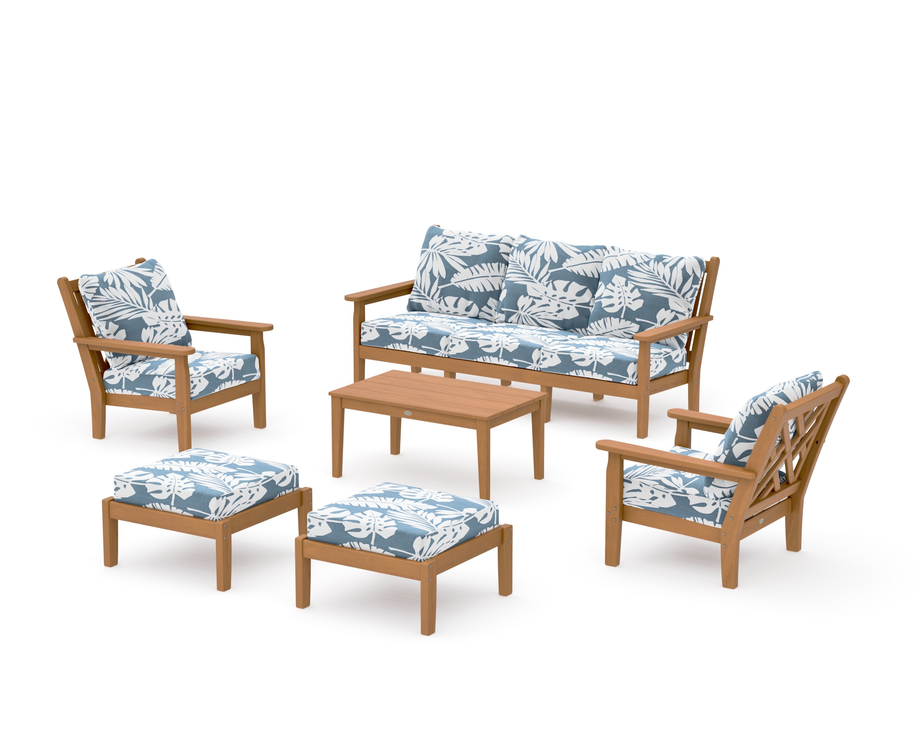 Chippendale 6-Piece Lounge Sofa Set in Natural / Leaf Sky Blue