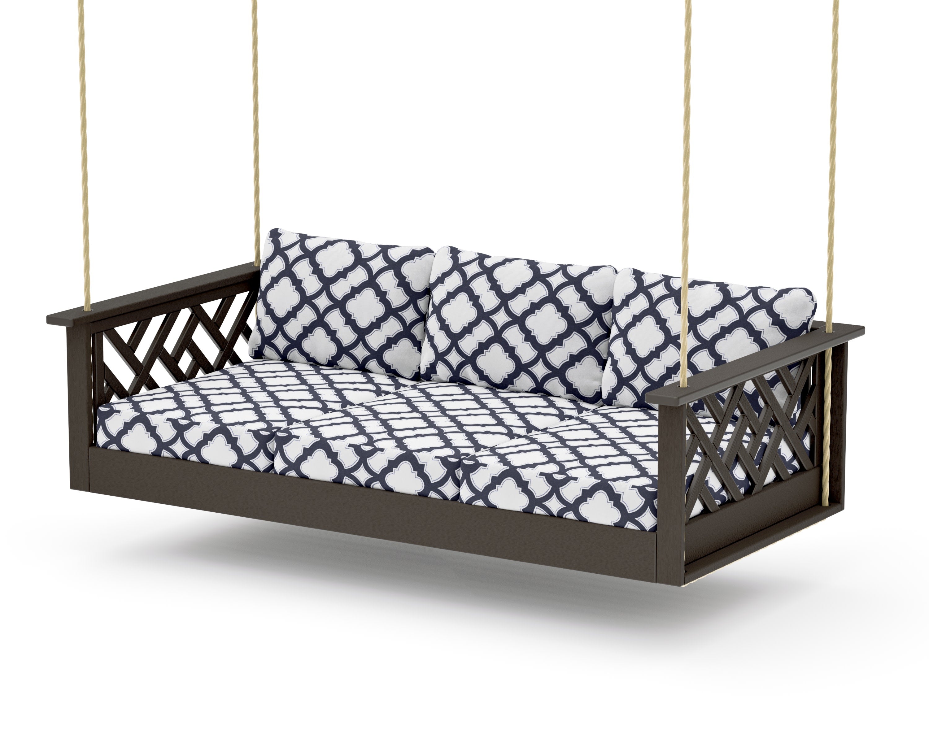 Chippendale Daybed Swing in Vintage Coffee / Trellis Navy