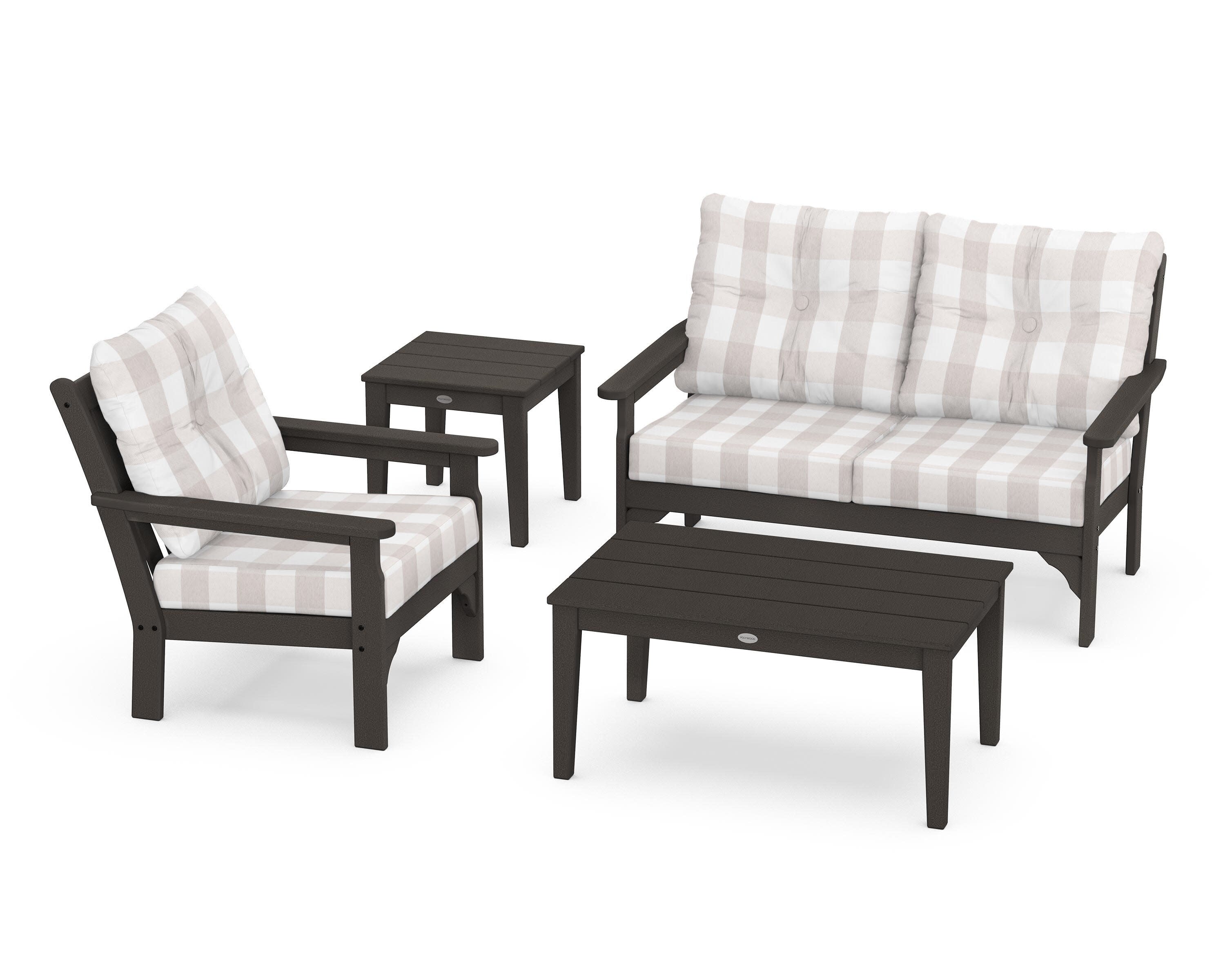 Vineyard 4-Piece Deep Seating Set in Vintage Coffee / Buffalo Plaid Dune Burlap
