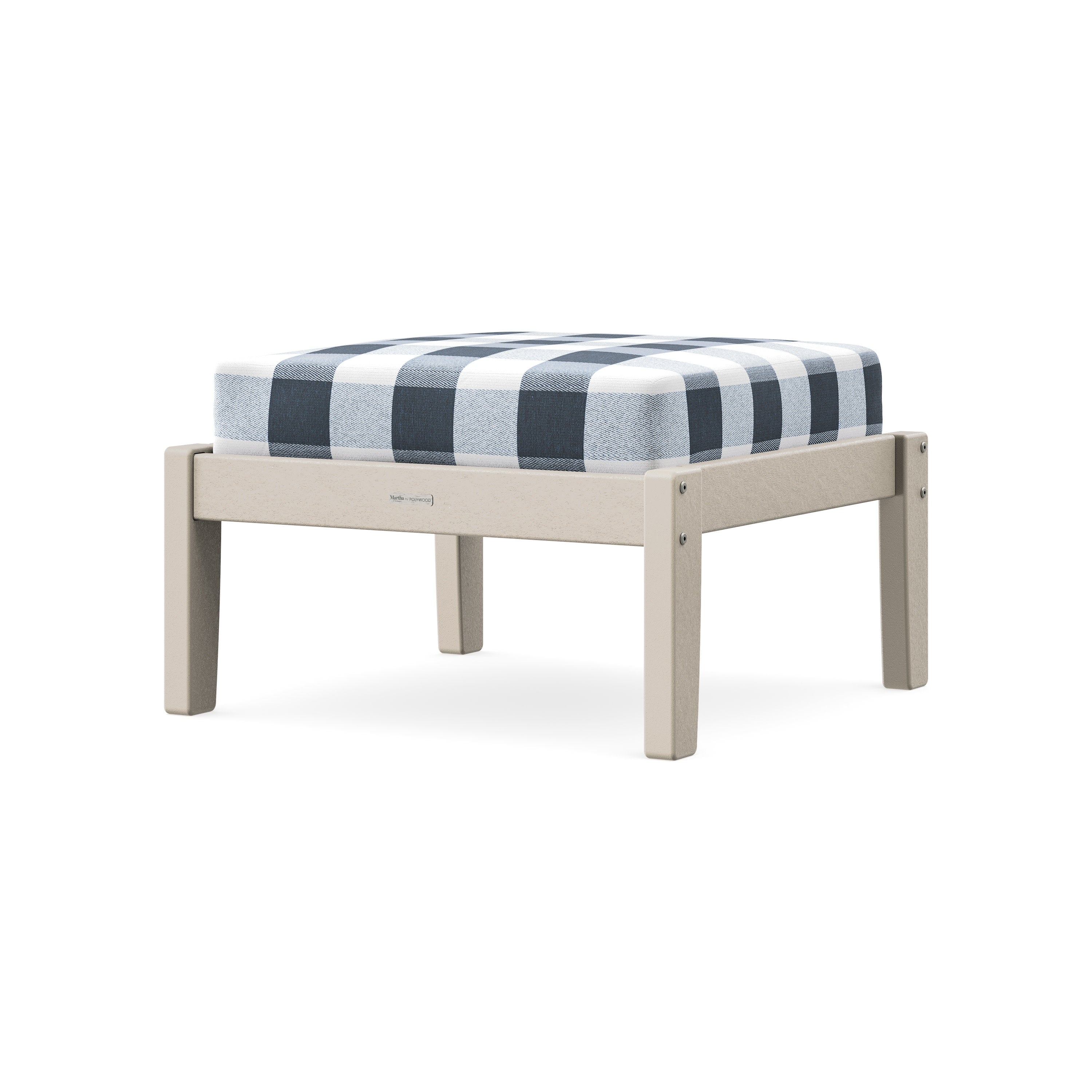 Chinoiserie Deep Seating Ottoman in Sand / Buffalo Plaid Marine Indigo