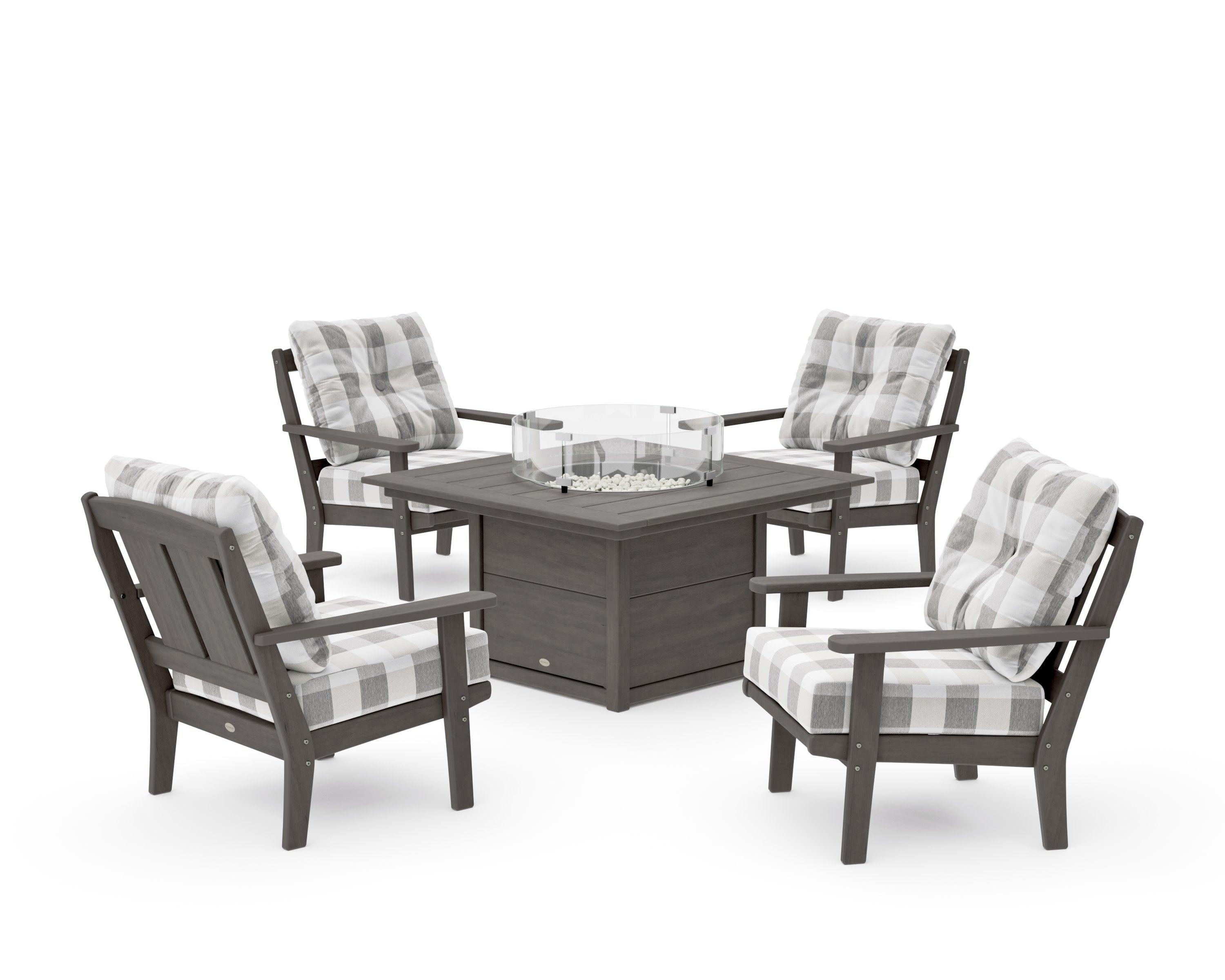 Mission 5-Piece Deep Seating Set with Fire Pit Table in Driftwood / Buffalo Plaid Grey Mist