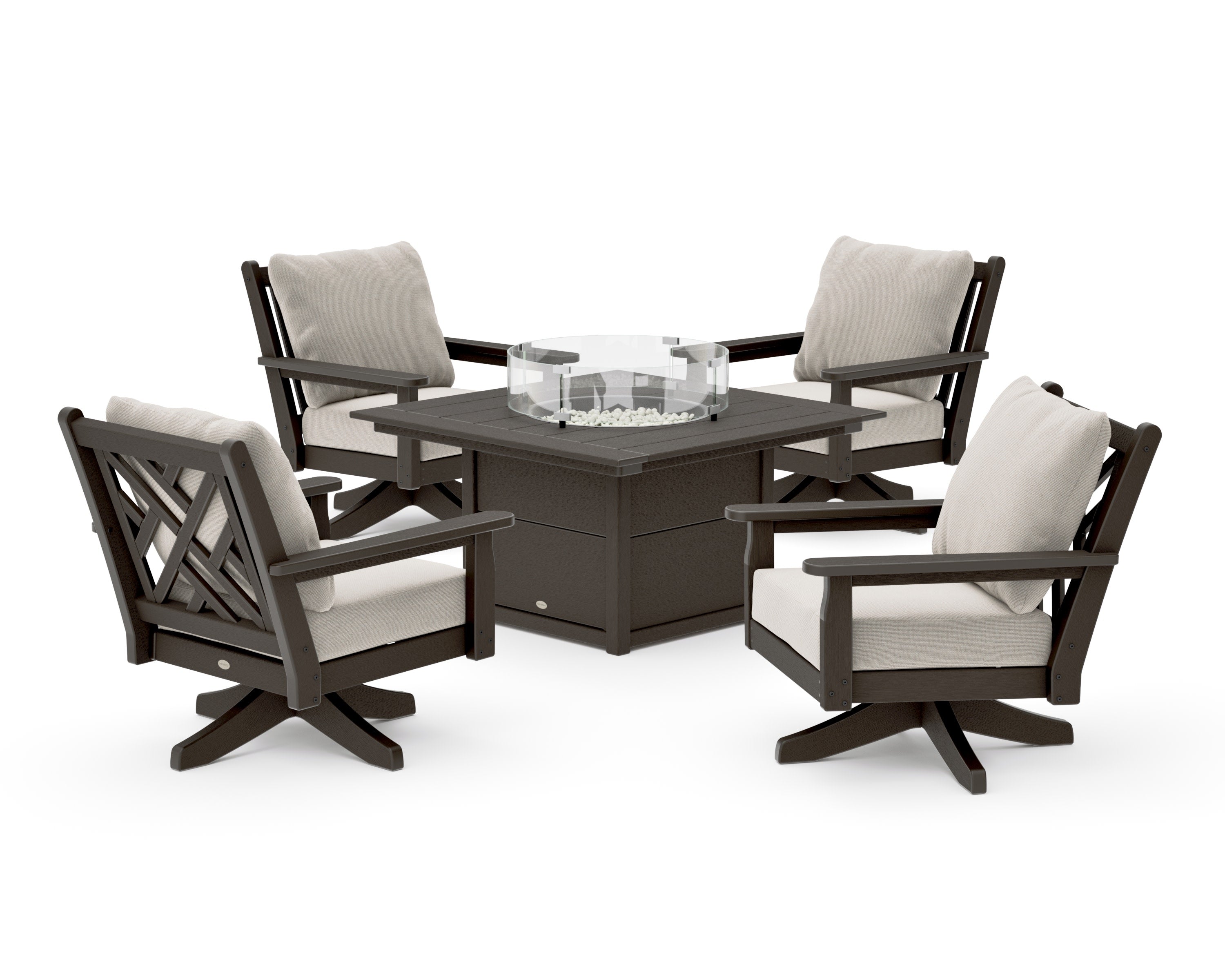 Chippendale 5-Piece Deep Seating Swivel Conversation Set with Fire Pit Table in Vintage Coffee / Dune Burlap