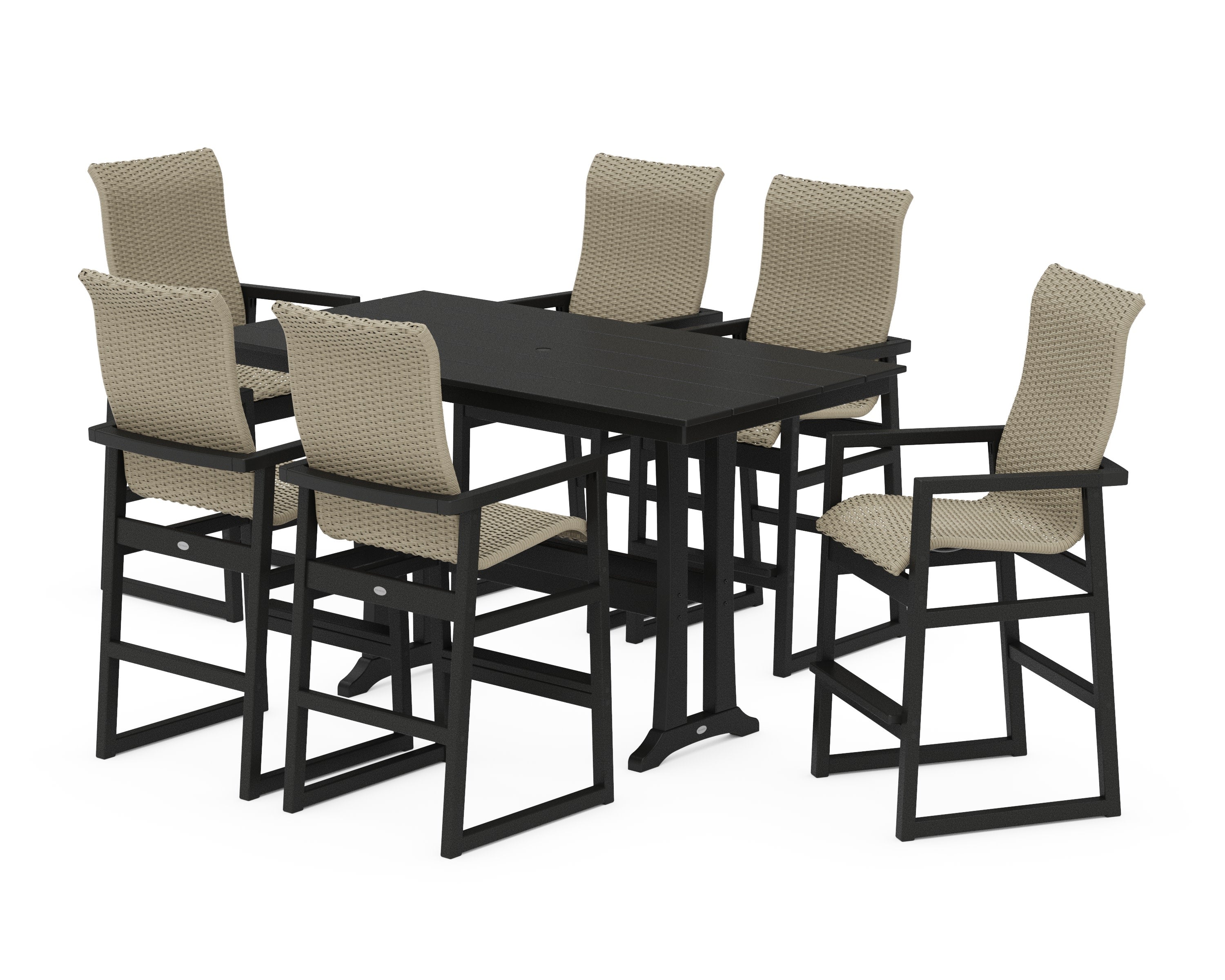 EDGE Woven Highback Arm Chair 7-Piece Farmhouse Bar Set with Trestle Legs in Black / Dune Grass
