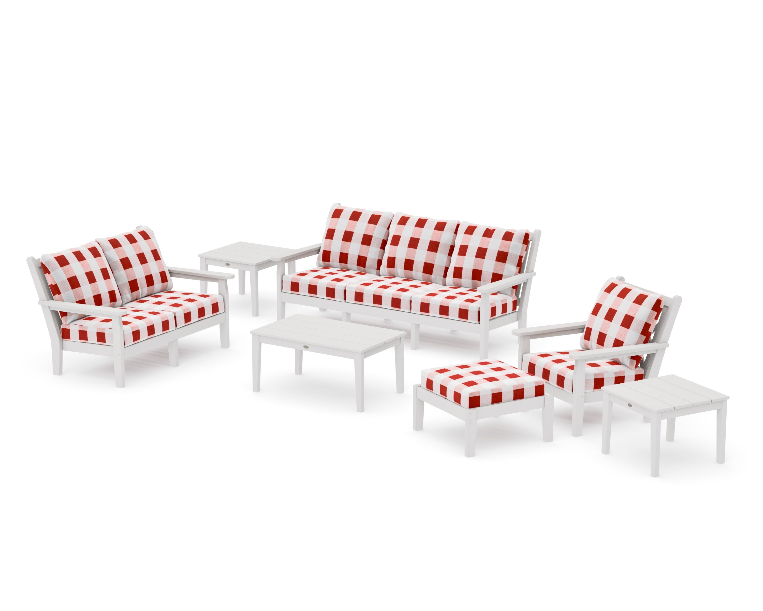 Chippendale 7-Piece Deep Seating Set in Vintage White / Buffalo Plaid Crimson