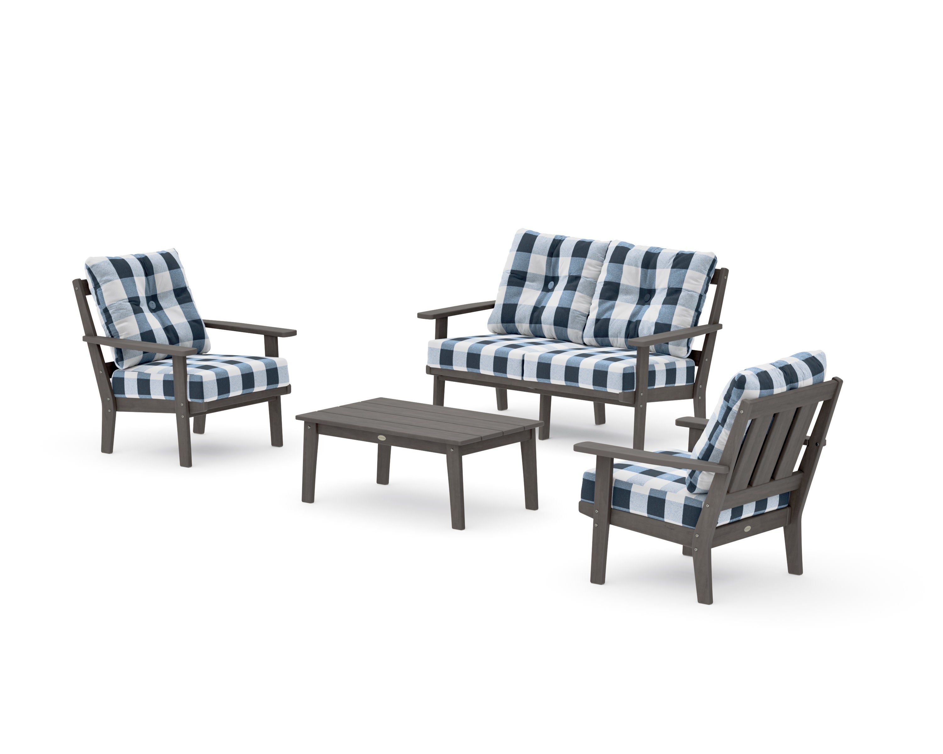 Oxford 4-Piece Deep Seating Set with Loveseat in Driftwood / Buffalo Plaid Marine Indigo