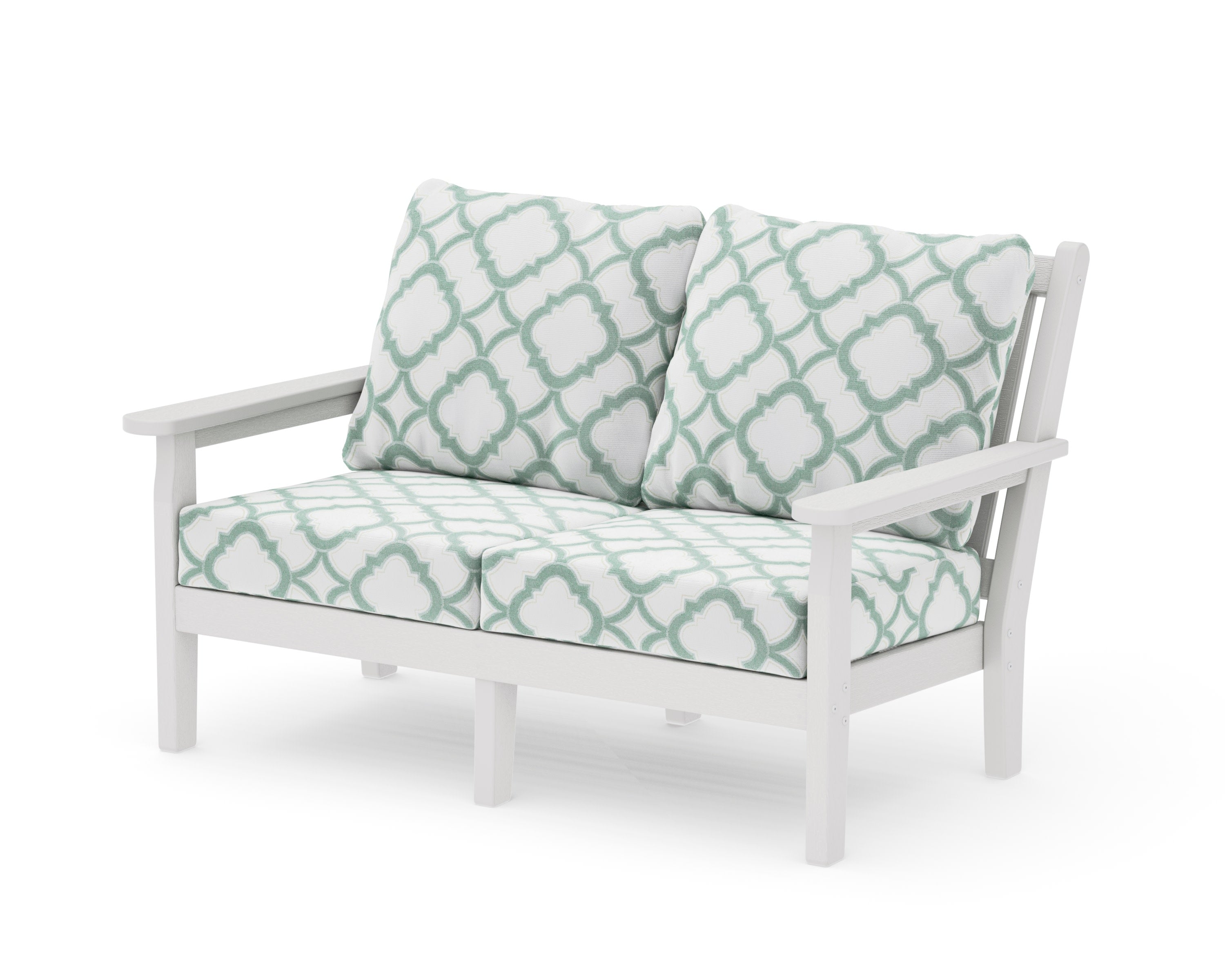 Chippendale Deep Seating Loveseat in Vintage White / Trellis Glacier Spa