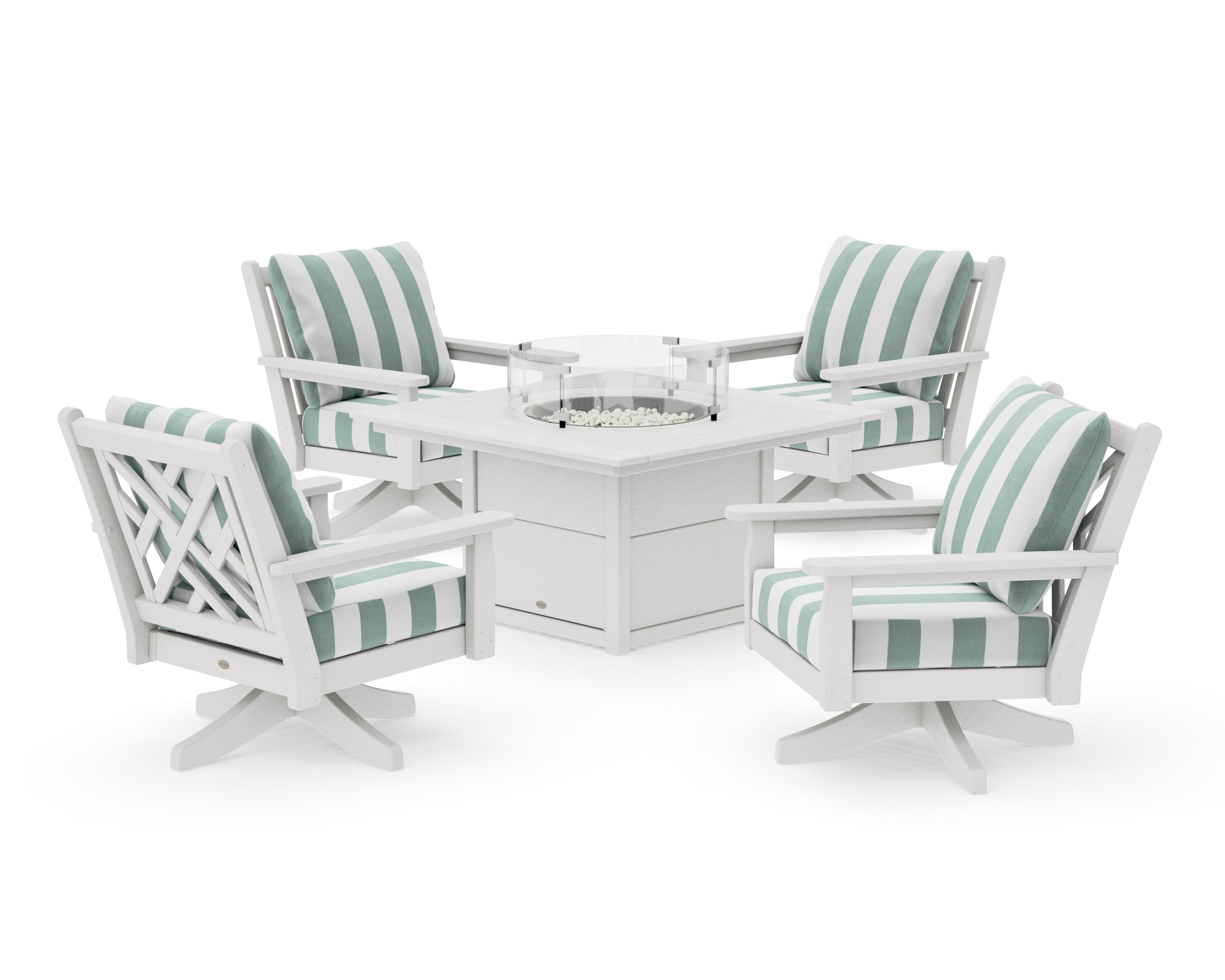 Chippendale 5-Piece Deep Seating Swivel Conversation Set with Fire Pit Table in Vintage White / Cabana Stripe Glacier Spa